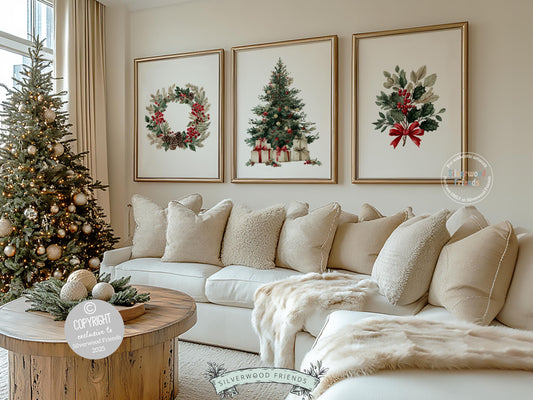 This nostalgic Set of 3 Christmas prints features a soft watercolor Christmas tree, a vintage-style holiday wreath, and a delicate mistletoe illustration. Designed for nurseries and cozy homes alike, this charming trio brings warm Christmas magic and the timeless glow of old-world holiday nostalgia to any space.