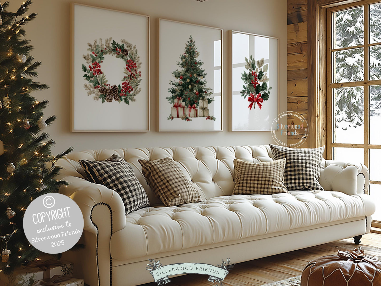 Set of 3 Vintage Christmas Prints, Christmas Wreath Printable Wall Art, Mistletoe Painting, Holiday Hosting Decorating Digital Print