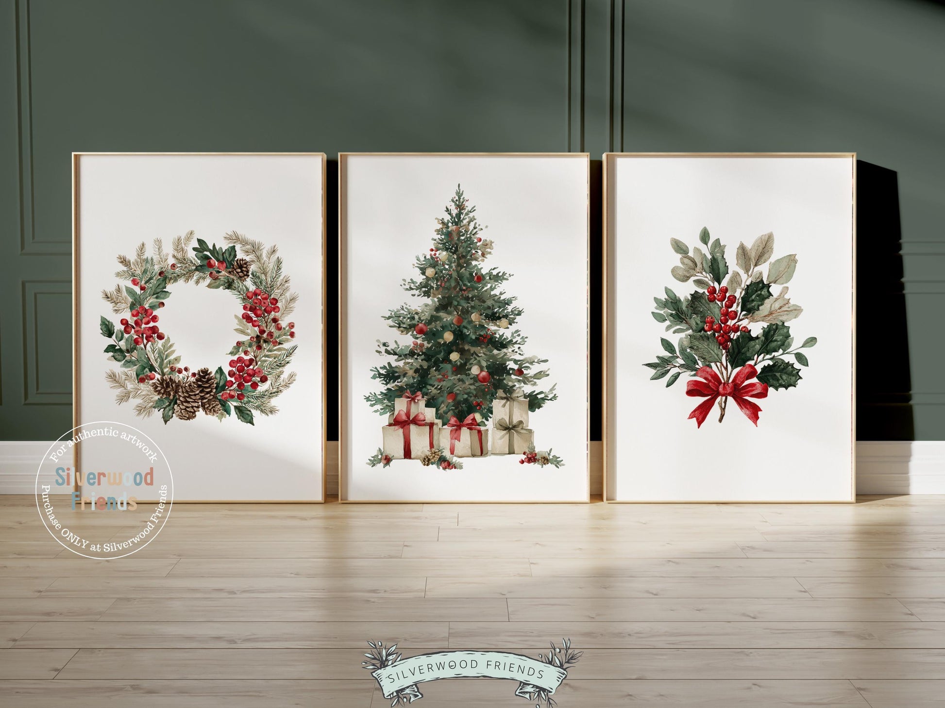 Set of 3 Vintage Christmas Prints, Christmas Wreath Printable Wall Art, Mistletoe Painting, Holiday Hosting Decorating Digital Print
