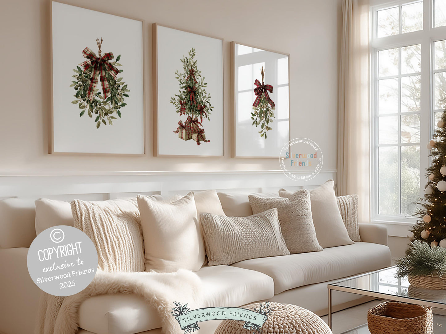 Set of 3 Vintage Christmas Prints, Christmas Tree Wreath Printable Wall Art, Mistletoe Painting, Holiday Hosting Decorating Digital Print