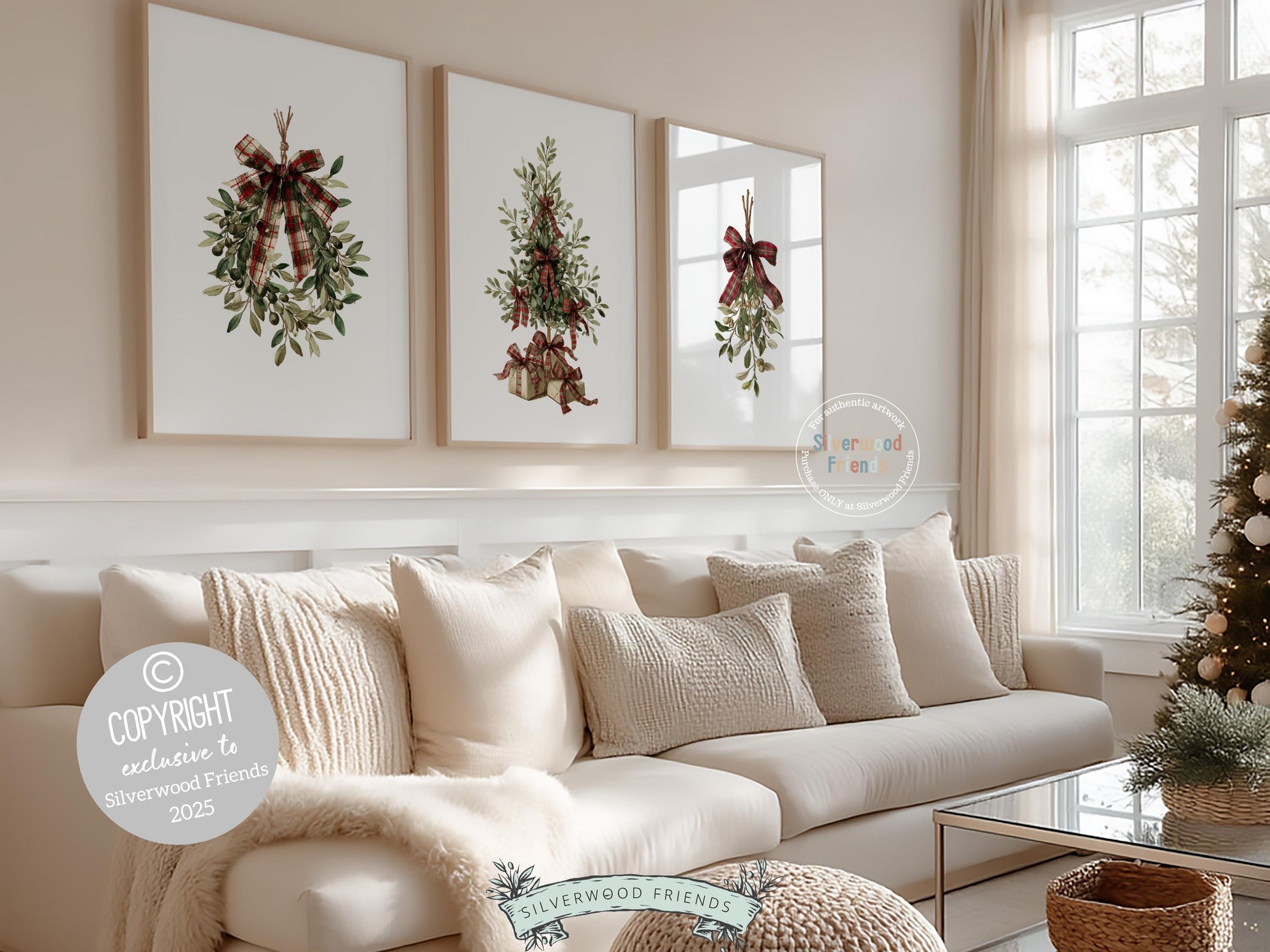 Set of 3 Vintage Christmas Prints, Christmas Tree Wreath Printable Wall Art, Mistletoe Painting, Holiday Hosting Decorating Digital Print