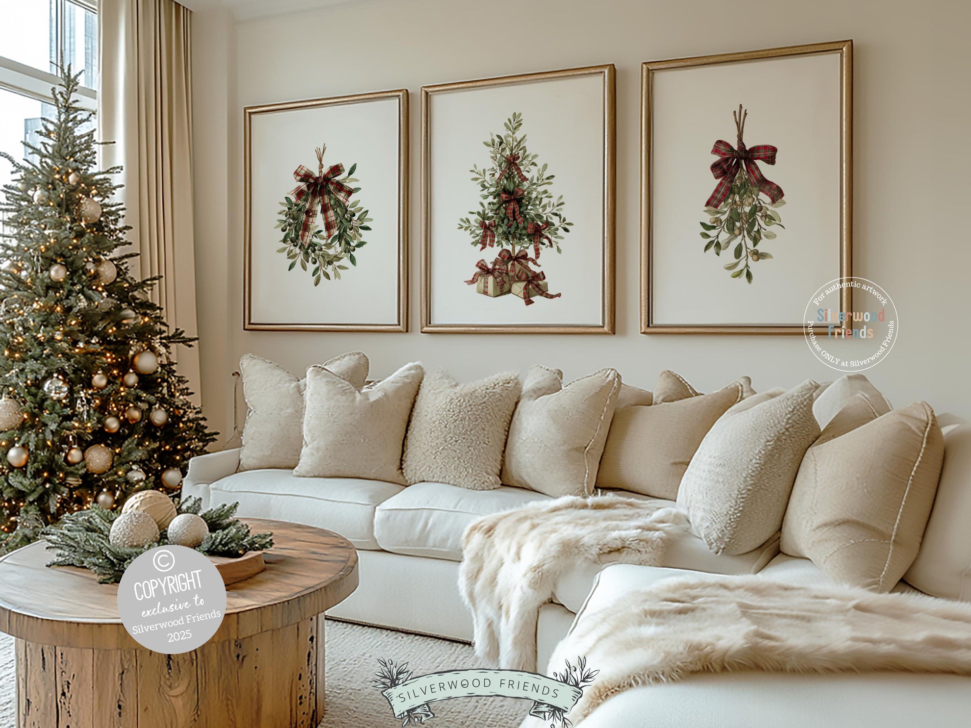 This nostalgic Set of 3 Christmas prints features a soft watercolor Christmas tree, a vintage-style holiday wreath, and a delicate mistletoe illustration in plaid ribbons. Designed for nurseries and cozy homes alike, this charming trio brings warm Christmas magic and the timeless glow of old-world holiday nostalgia to any space.