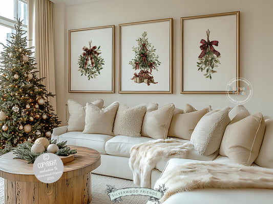 This nostalgic Set of 3 Christmas prints features a soft watercolor Christmas tree, a vintage-style holiday wreath, and a delicate mistletoe illustration in plaid ribbons. Designed for nurseries and cozy homes alike, this charming trio brings warm Christmas magic and the timeless glow of old-world holiday nostalgia to any space.
