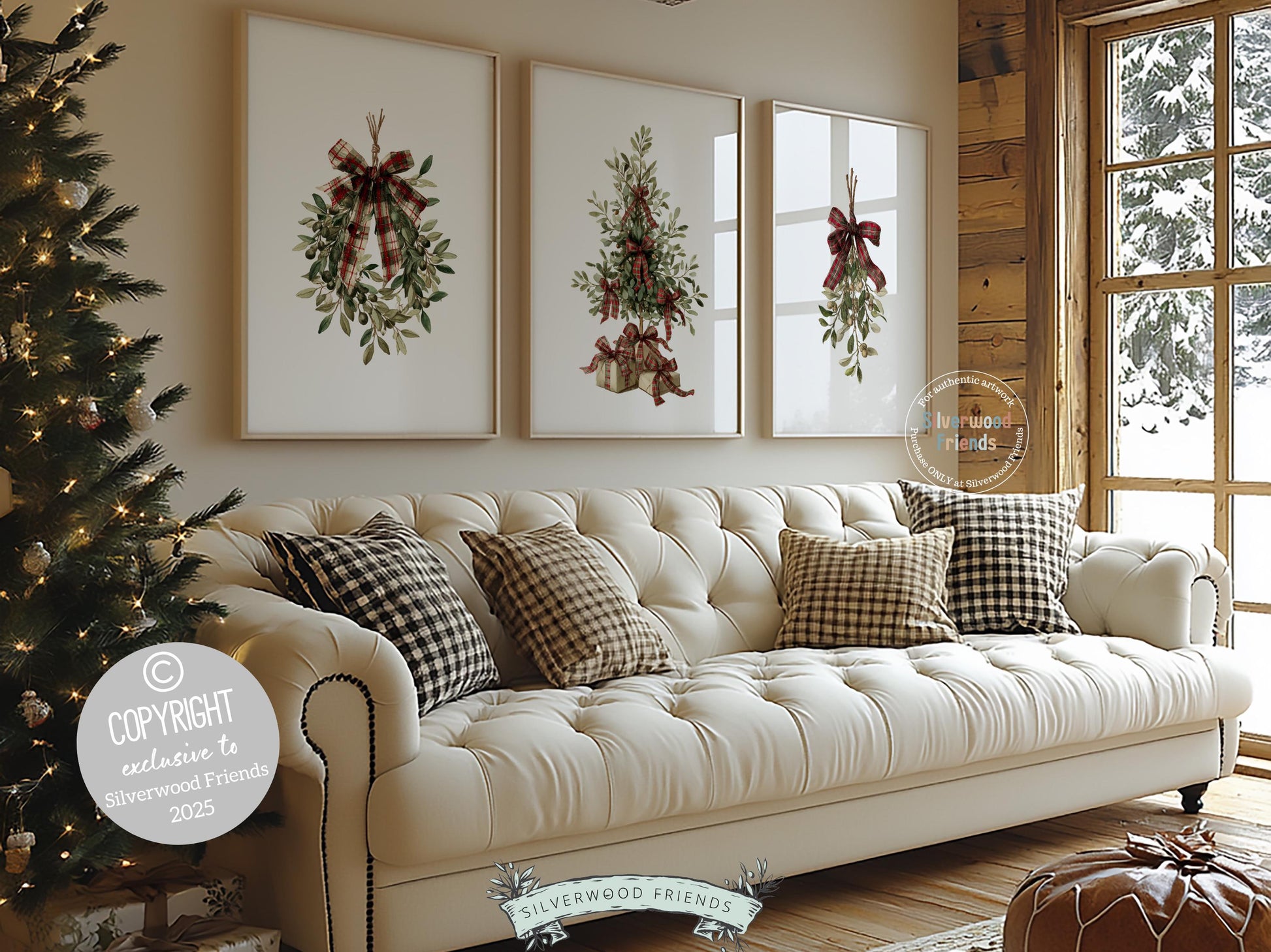 Set of 3 Vintage Christmas Prints, Christmas Tree Wreath Printable Wall Art, Mistletoe Painting, Holiday Hosting Decorating Digital Print