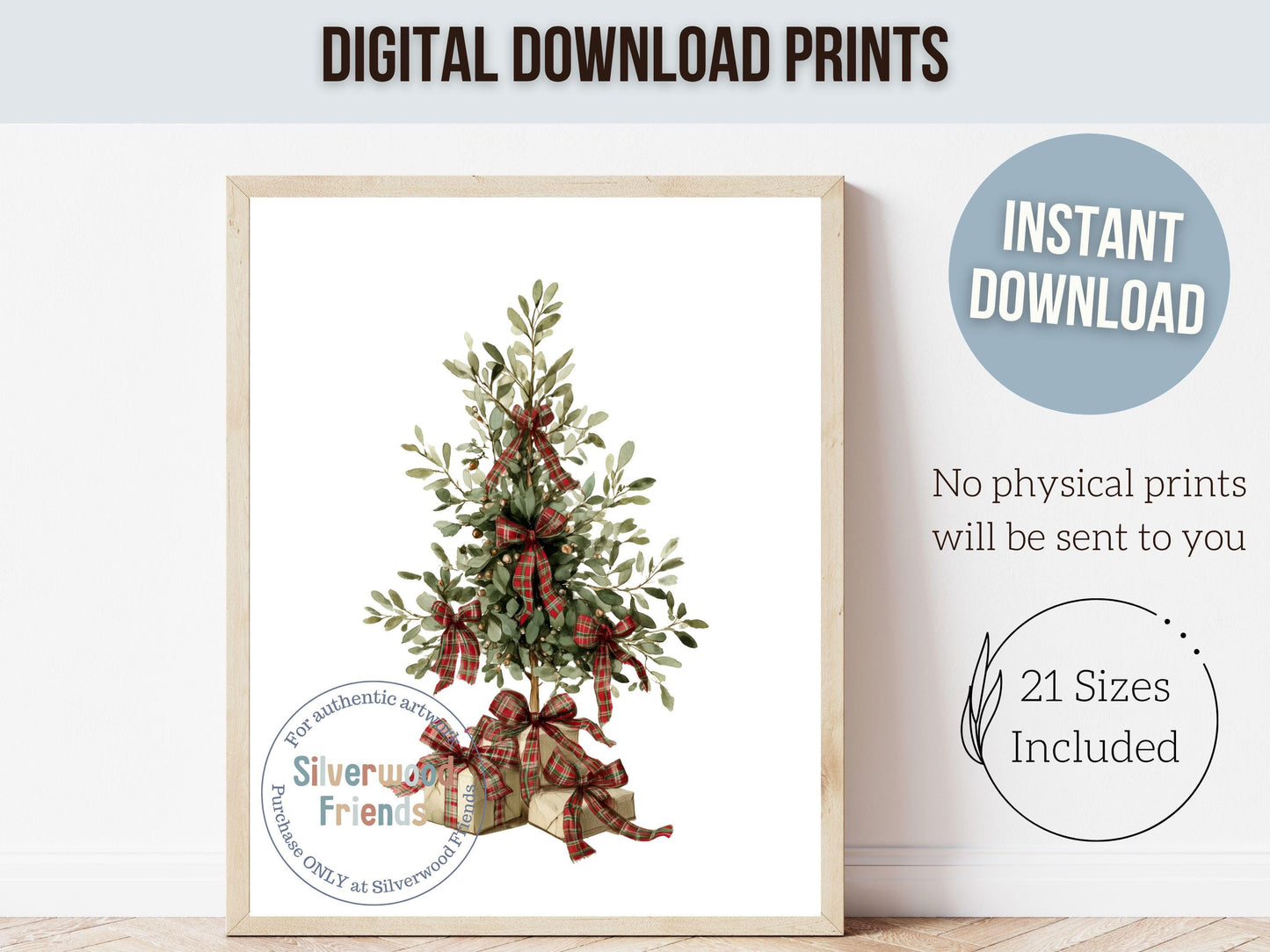 Set of 3 Vintage Christmas Prints, Christmas Tree Wreath Printable Wall Art, Mistletoe Painting, Holiday Hosting Decorating Digital Print