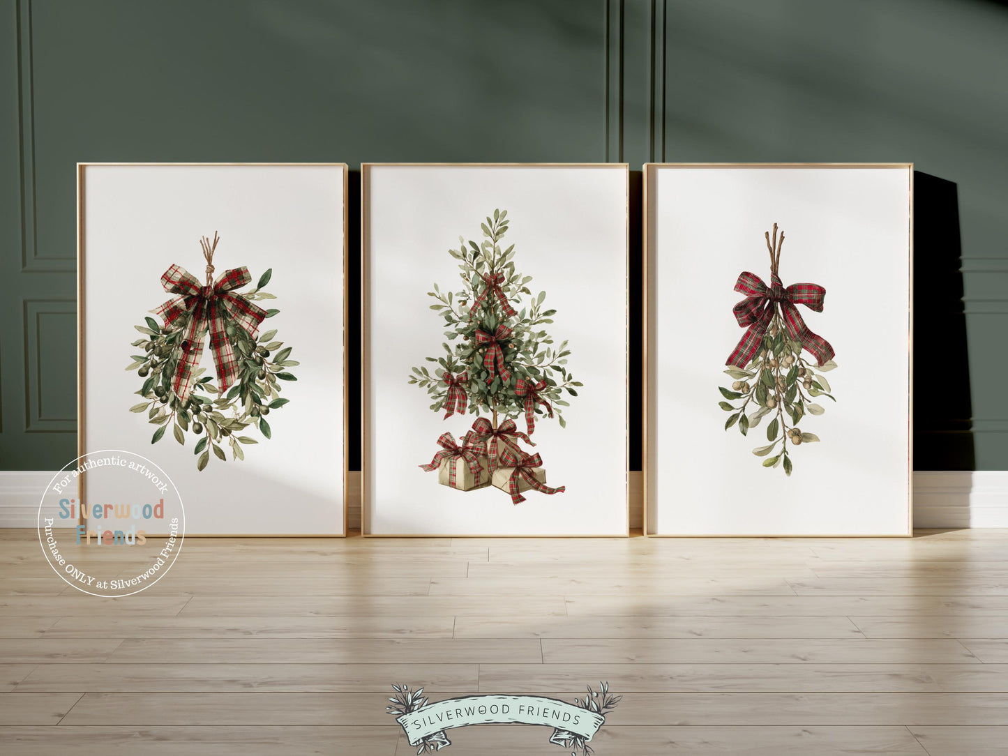 Set of 3 Vintage Christmas Prints, Christmas Tree Wreath Printable Wall Art, Mistletoe Painting, Holiday Hosting Decorating Digital Print