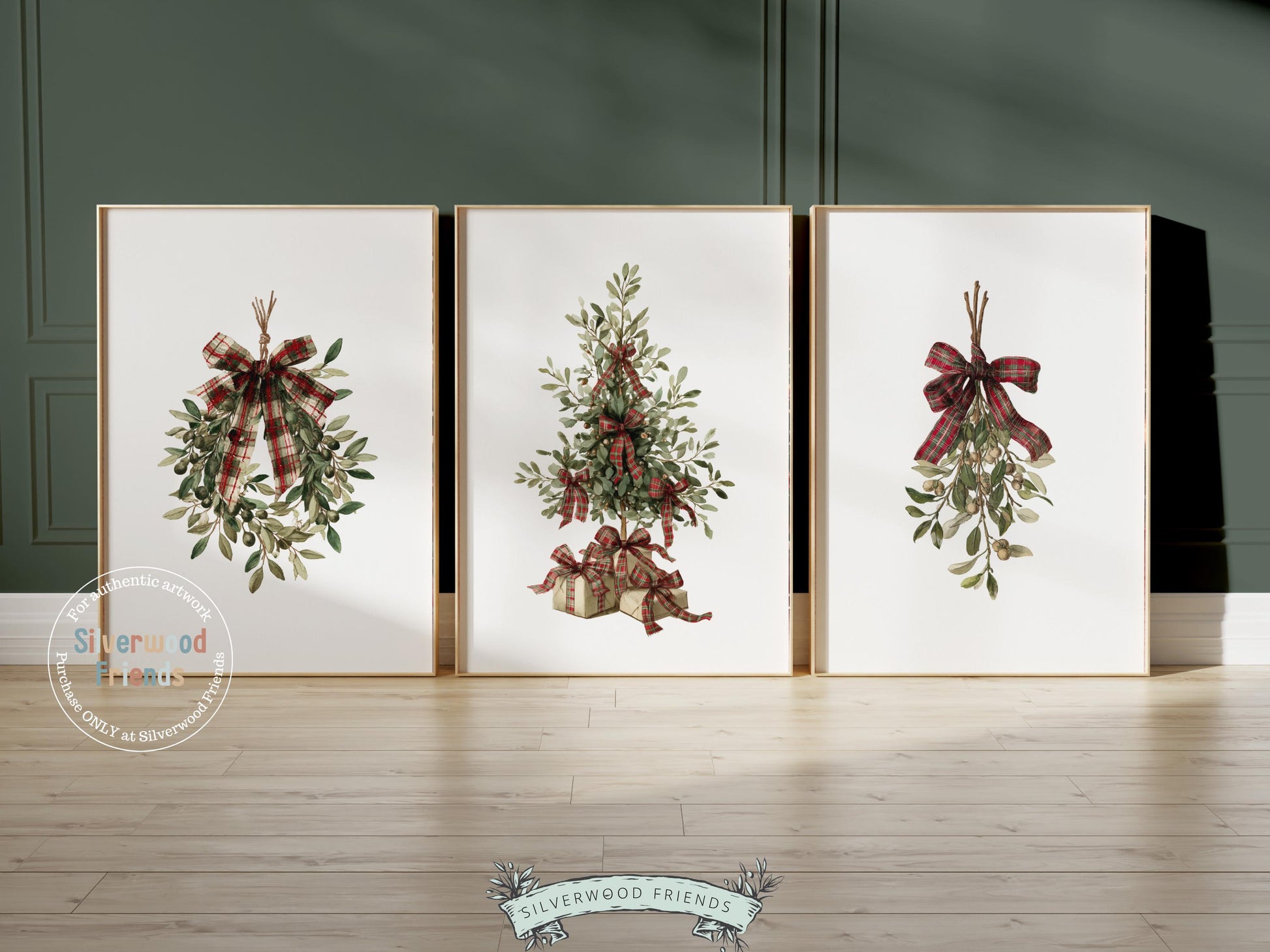 Set of 3 Vintage Christmas Prints, Christmas Tree Wreath Printable Wall Art, Mistletoe Painting, Holiday Hosting Decorating Digital Print