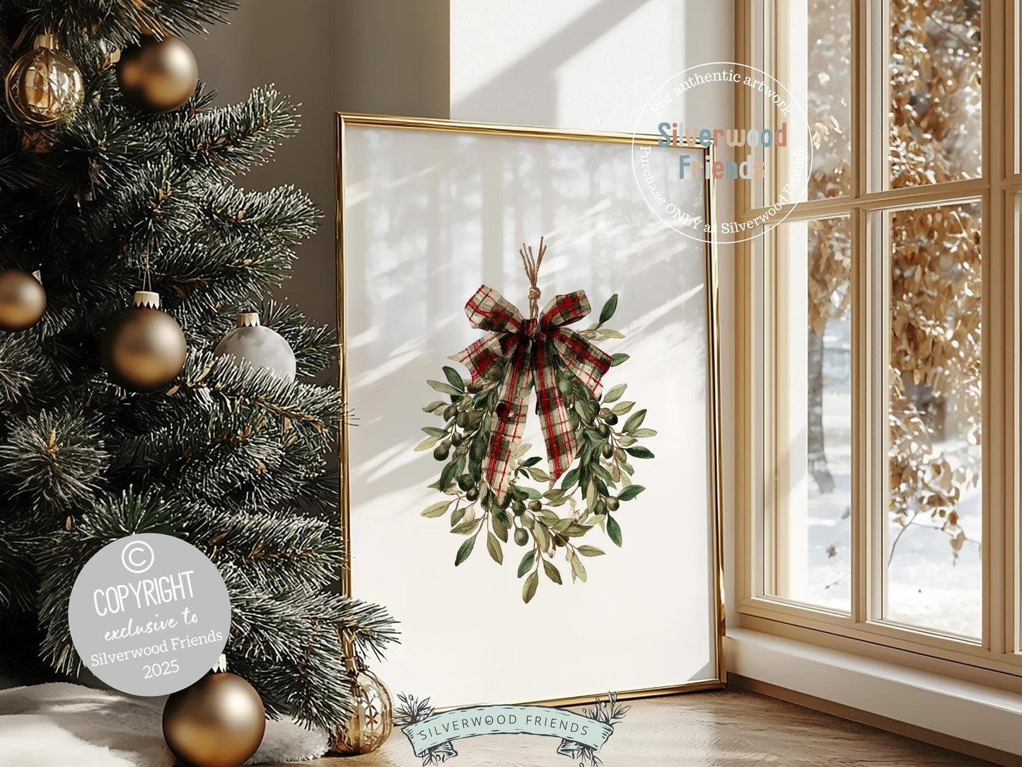 Set of 3 Vintage Christmas Prints, Christmas Tree Wreath Printable Wall Art, Mistletoe Painting, Holiday Hosting Decorating Digital Print