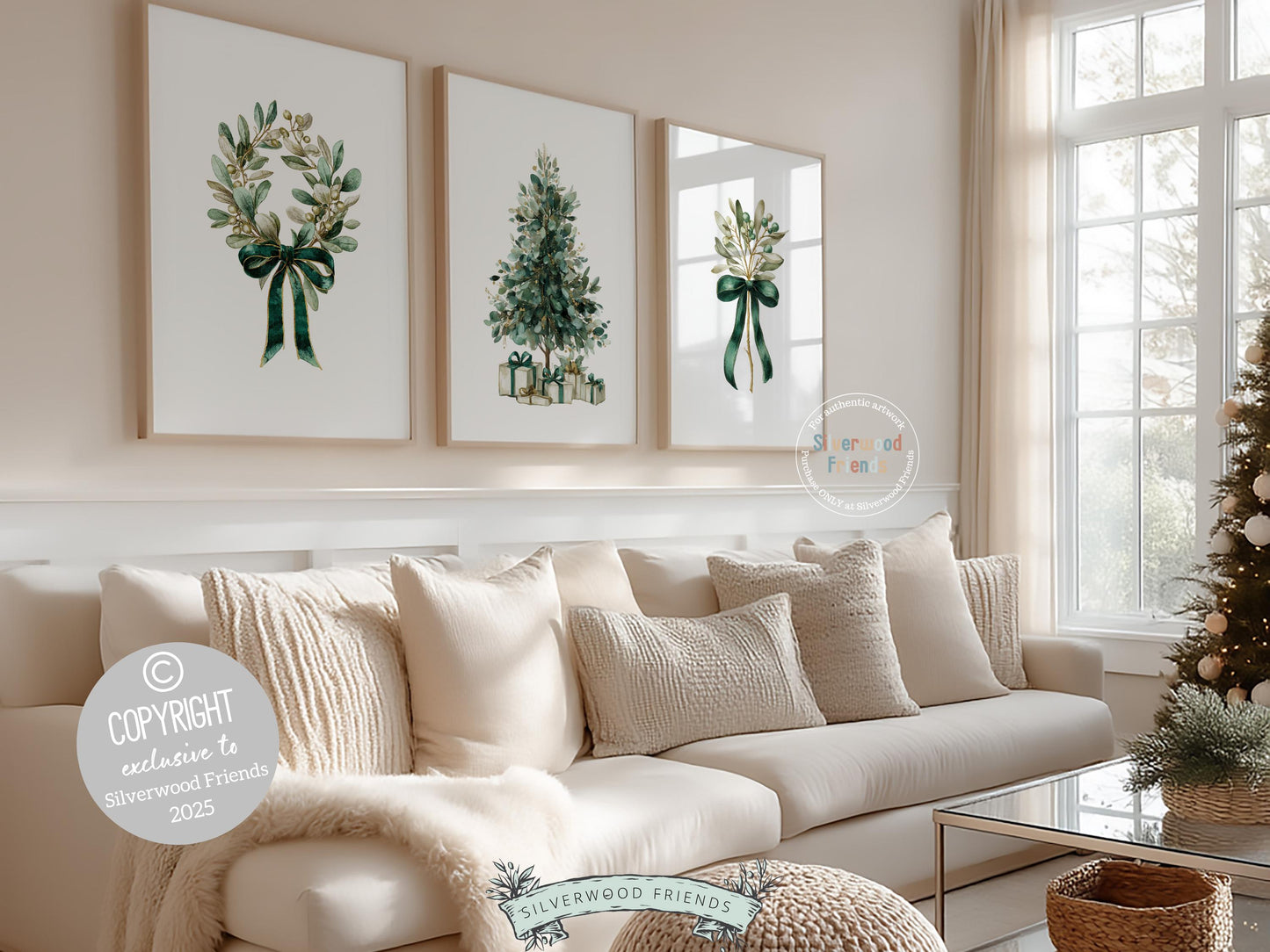 Set of 3 Vintage Christmas Prints, Emerald Green Festive Printable Wall Art, Mistletoe Painting, Christmas Tree Poster Digital Print