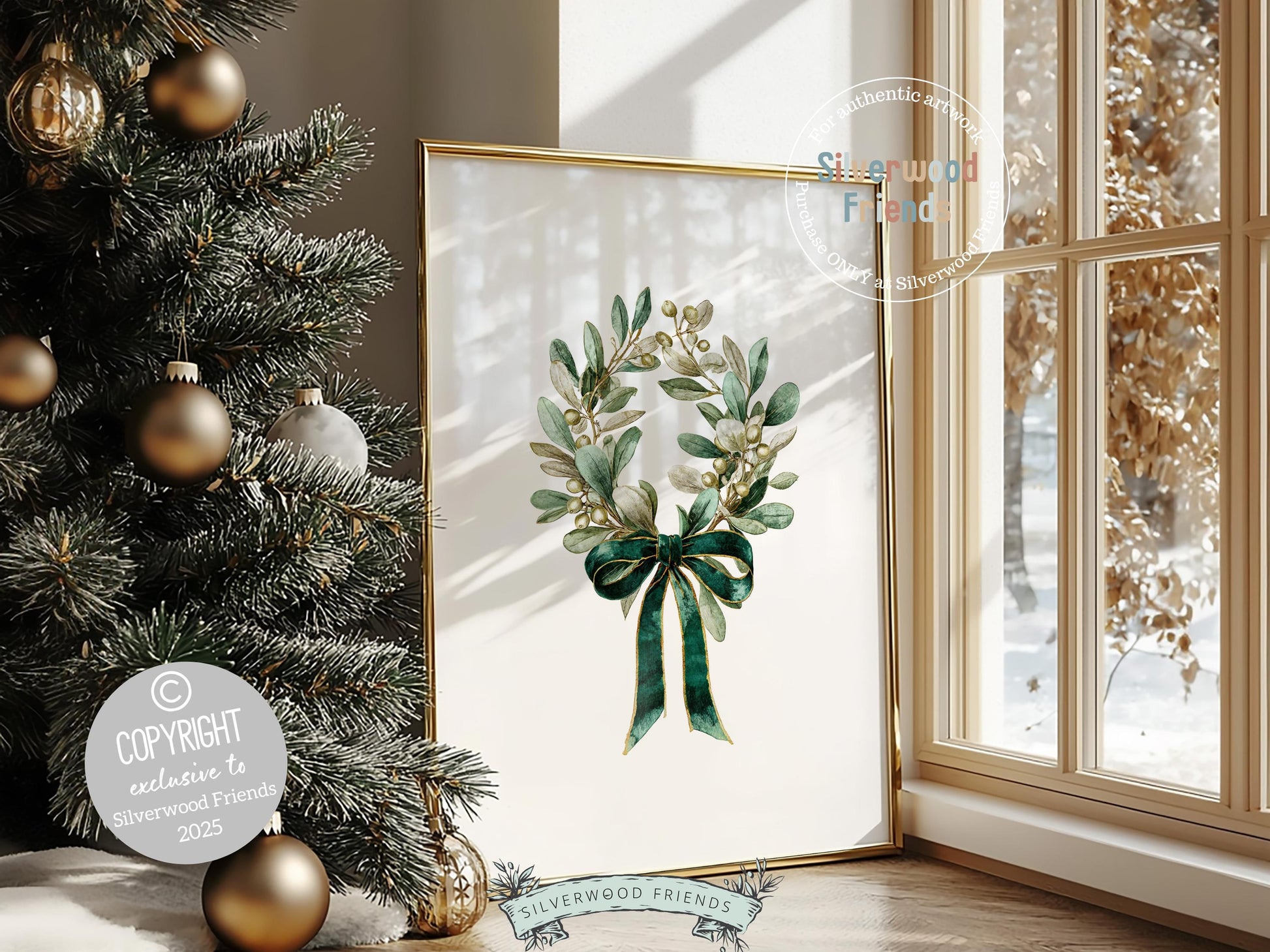Set of 3 Vintage Christmas Prints, Emerald Green Festive Printable Wall Art, Mistletoe Painting, Christmas Tree Poster Digital Print