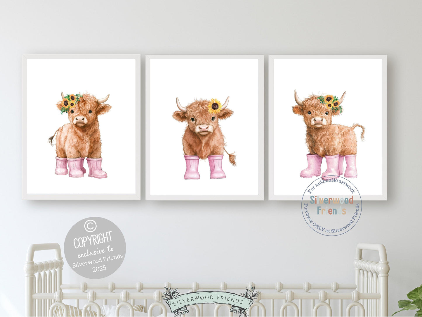 Highland Cow Nursery Print, Baby Girl Pink Highland Cow Sunflower Nursery Decor Gift, Baby Girl Farm Bedroom Floral Wall Decor Digital Print