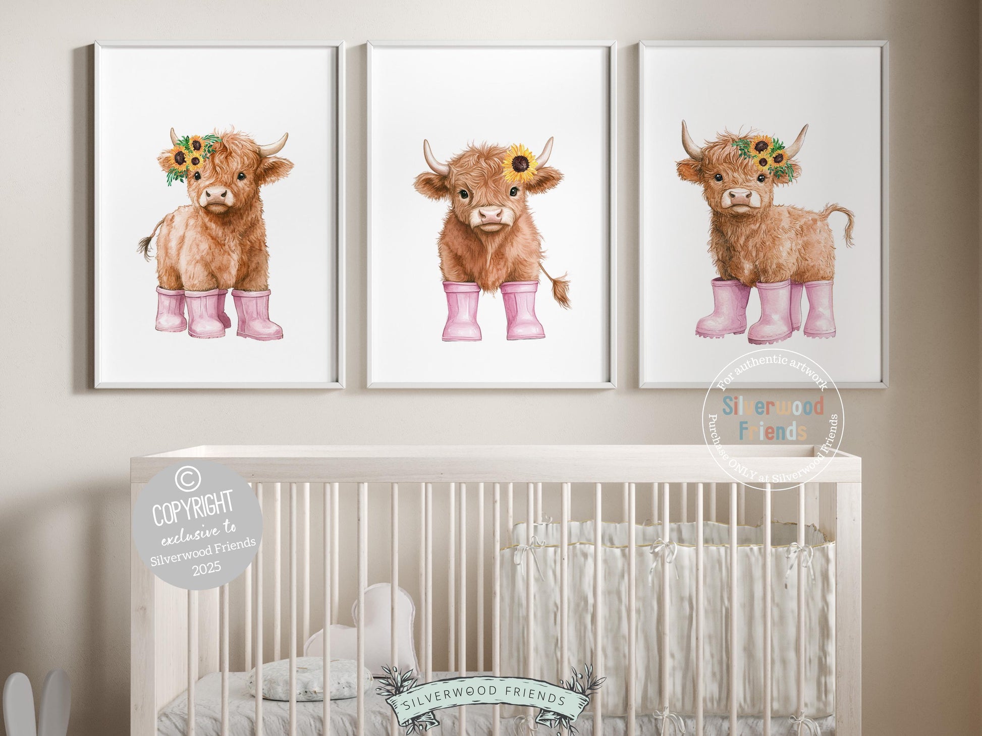 Highland Cow Nursery Print, Baby Girl Pink Highland Cow Sunflower Nursery Decor Gift, Baby Girl Farm Bedroom Floral Wall Decor Digital Print