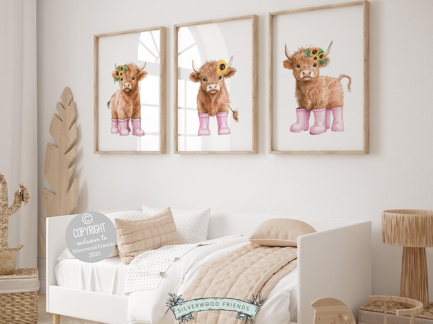 Our Highland Cow Nursery Prints features adorable watercolor baby highland cows in pink rain boots with sunflower crowns. Perfect for your farm bedroom decor and makes a unique baby shower gift.