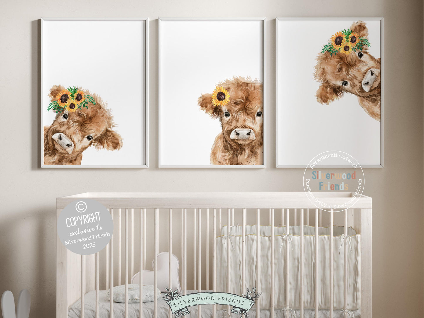 Peeking Highland Cow Sunflower Nursery Print, Highland Cow Sunflower Nursery Decor, Kids Farm Bedroom Wall Decor Digital Print