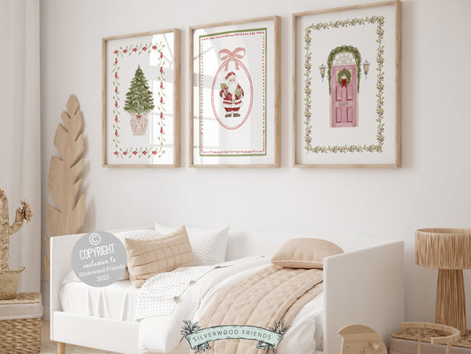 This charming Set of 3 pastel pink and green Christmas prints features a soft watercolor Christmas tree, a sweet holiday wreath, and a delicate mistletoe illustration. Perfect for kids’ rooms and cozy nursery décor, this gentle trio brings a touch of festive magic and whimsical holiday charm to any space.