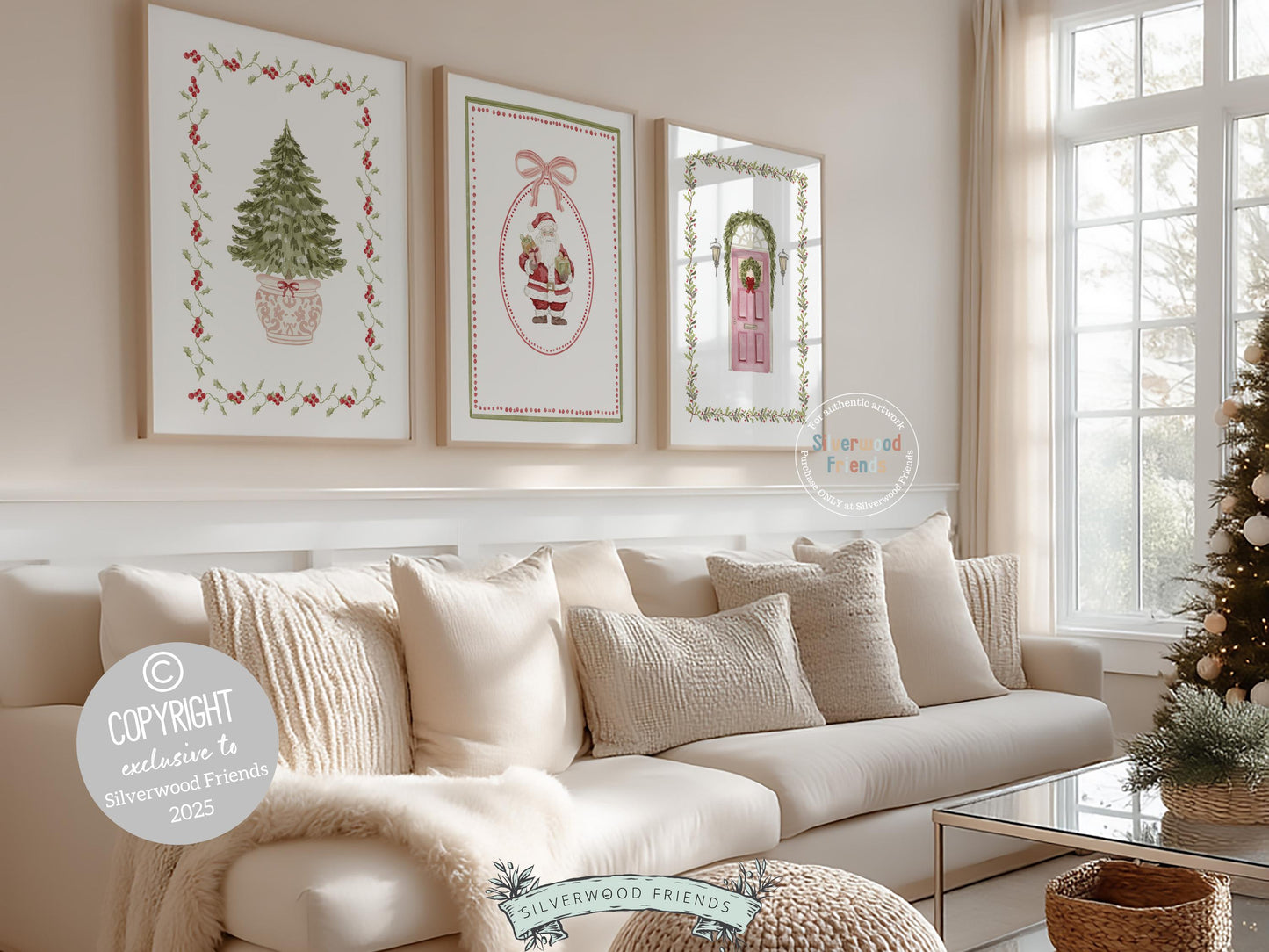 Set of 3 Pink and Green Christmas Prints, Pastel Coquette Bow Christmas Printable Wall Art Posters, Holiday Hosting Decorating Digital Print