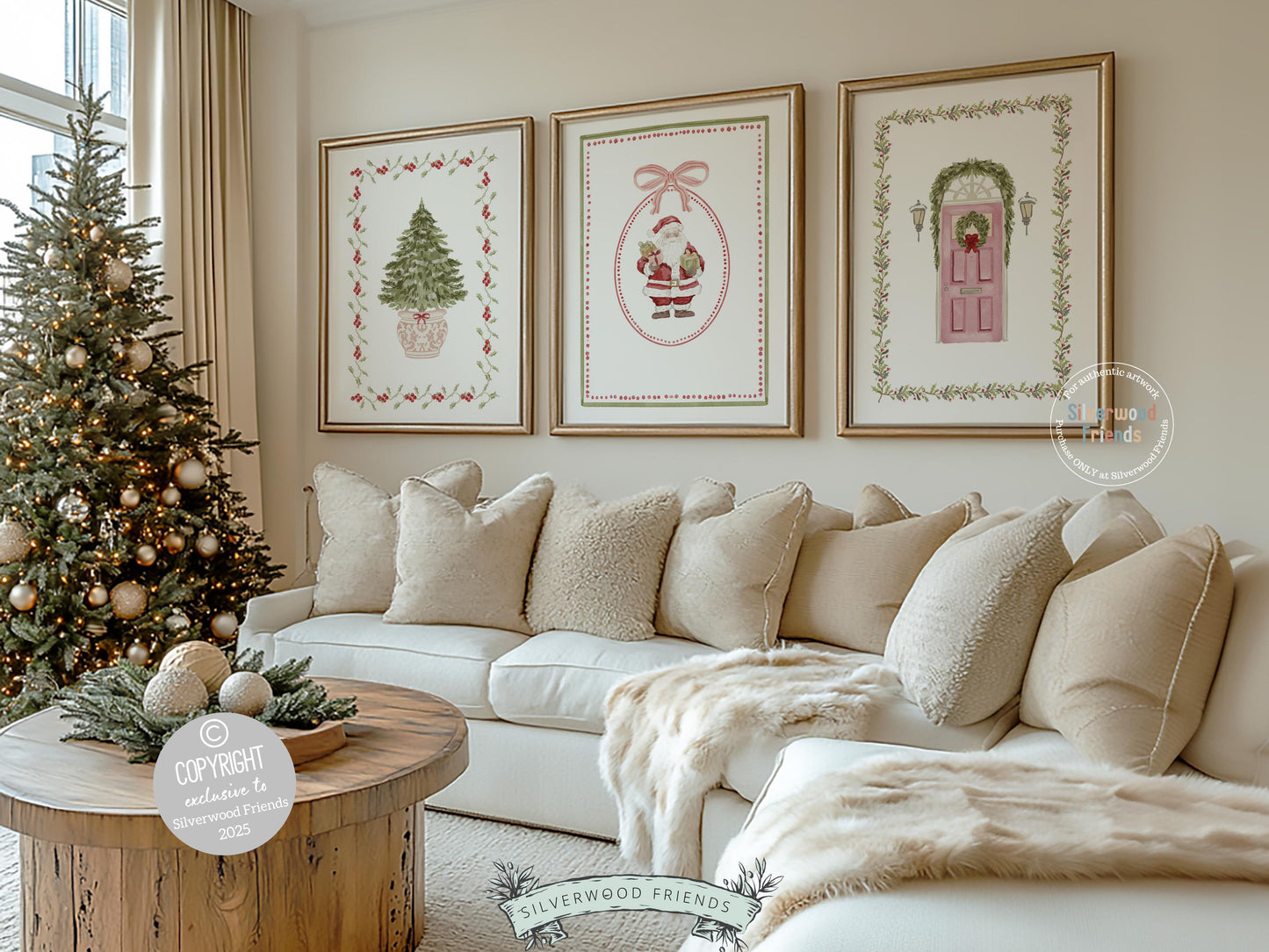 Set of 3 Pink and Green Christmas Prints, Pastel Coquette Bow Christmas Printable Wall Art Posters, Holiday Hosting Decorating Digital Print