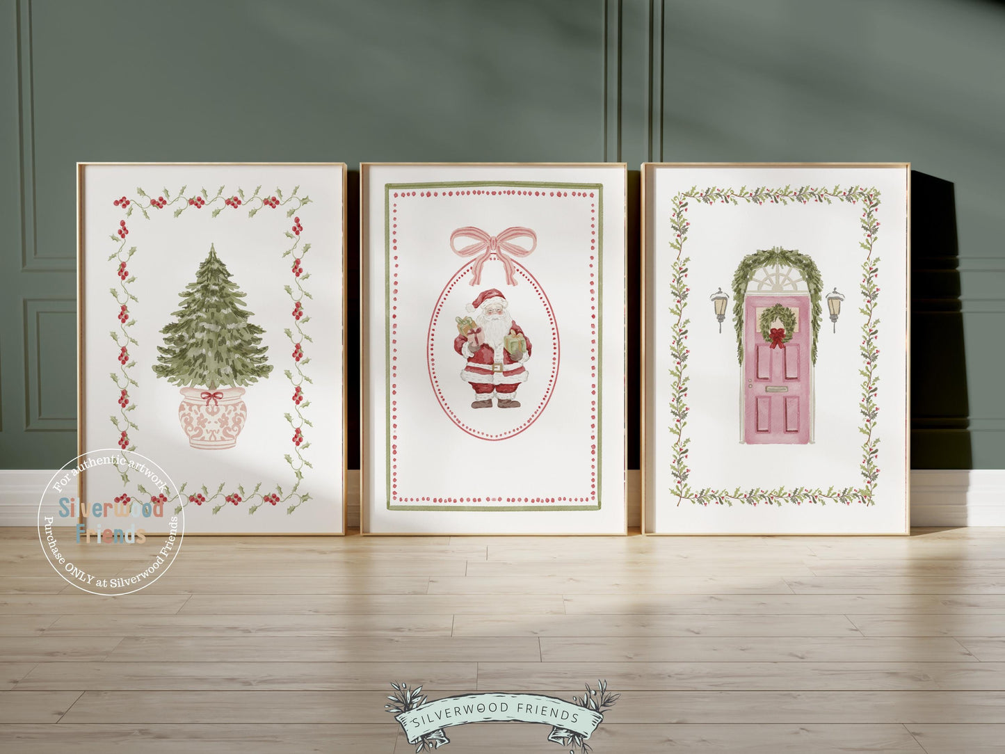 Set of 3 Pink and Green Christmas Prints, Pastel Coquette Bow Christmas Printable Wall Art Posters, Holiday Hosting Decorating Digital Print