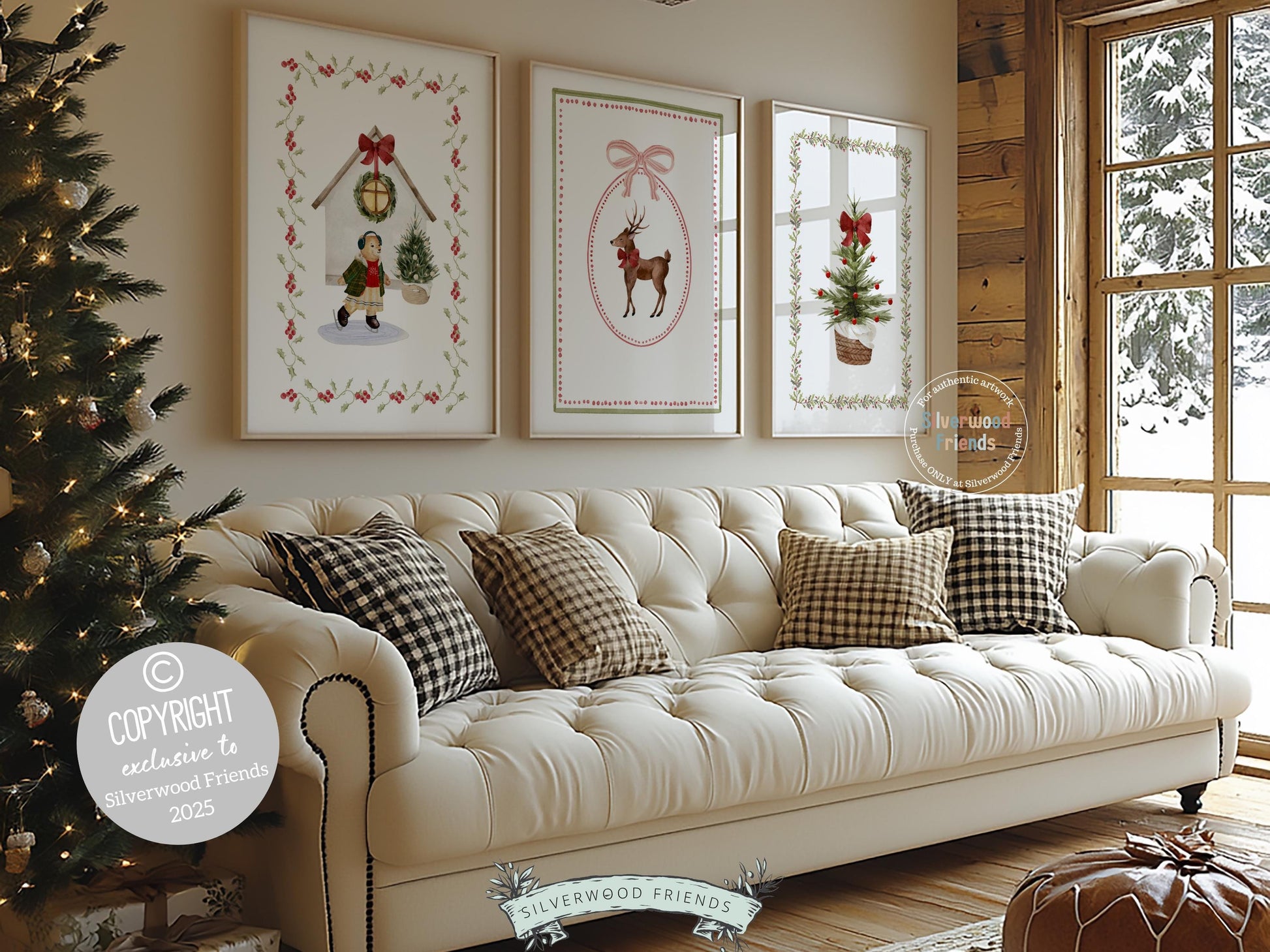 Set of 3 Christmas Holiday Prints, Pastel Coquette Bow Christmas Printable Wall Art Posters, Digital Download Print