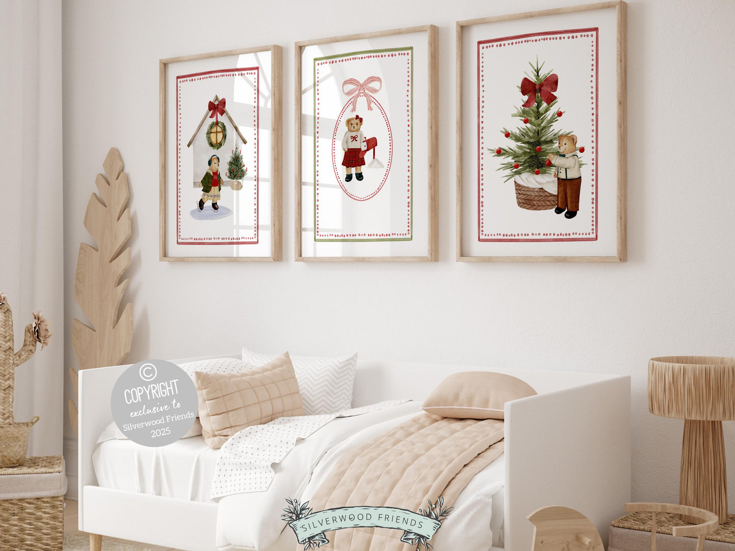 Set of 3 Christmas Holiday Prints, Kids Teddy Bear Christmas Printable Wall Art Posters, Festive Nursery Decor Digital Download Print