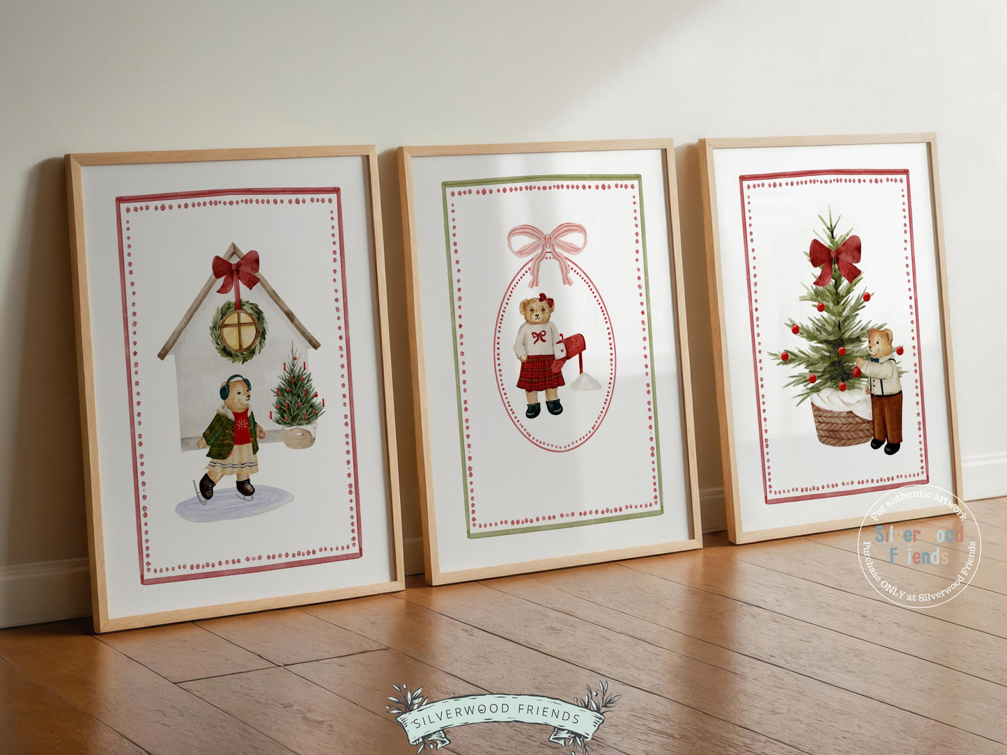This adorable Set of 3 Christmas prints features charming watercolor teddy bears joyfully ice skating, decorating a Christmas tree, and celebrating the holiday season. Perfect for nursery walls or cozy festive décor, this sweet trio adds warmth, whimsy, and timeless Christmas cheer to any space.