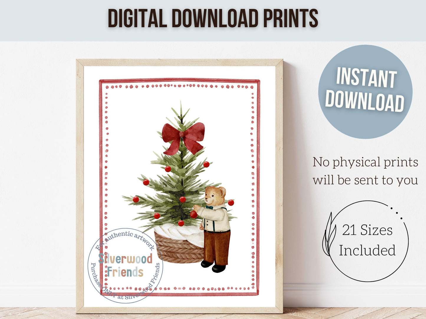 Set of 3 Christmas Holiday Prints, Kids Teddy Bear Christmas Printable Wall Art Posters, Festive Nursery Decor Digital Download Print