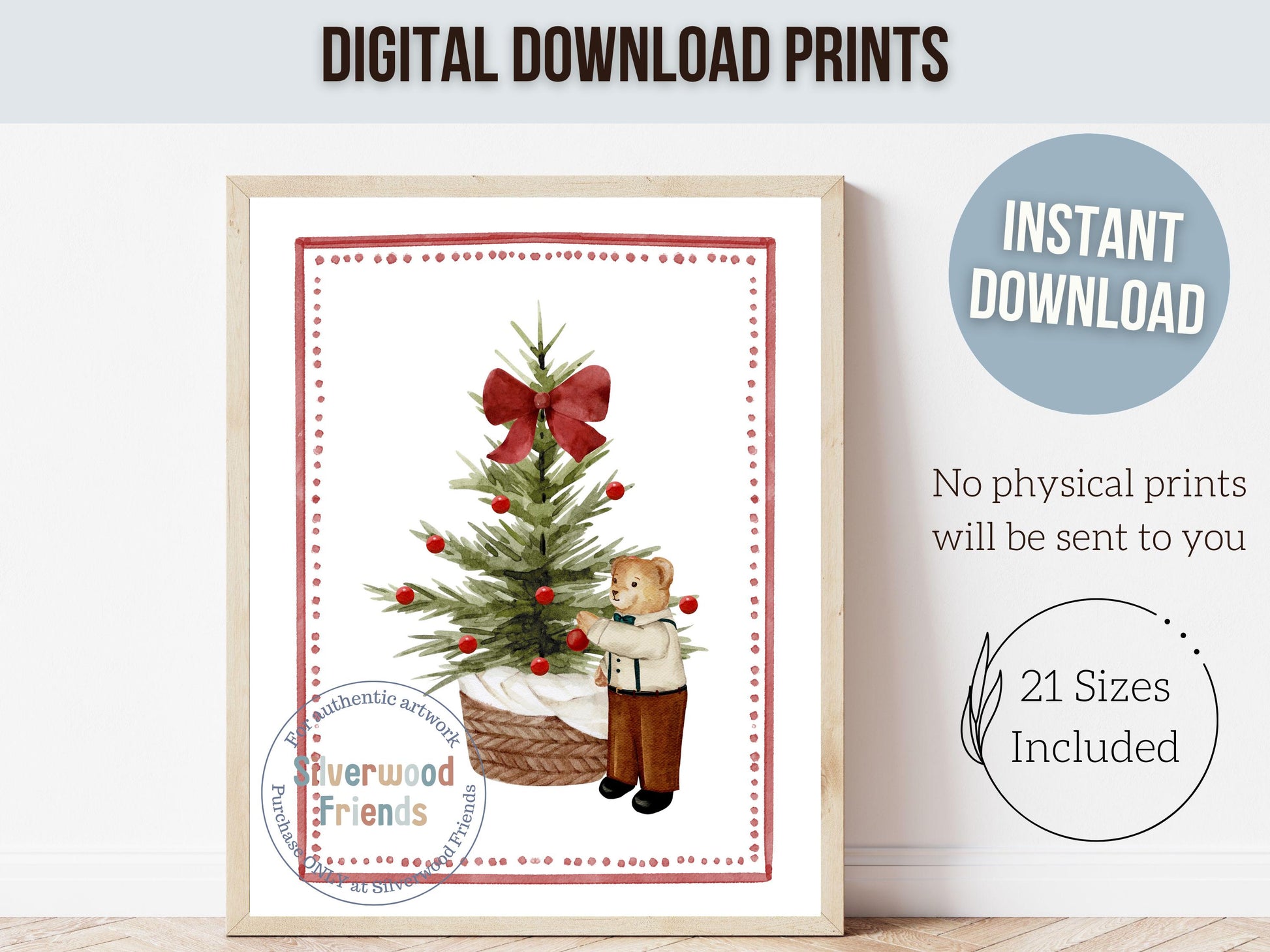 Set of 3 Christmas Holiday Prints, Kids Teddy Bear Christmas Printable Wall Art Posters, Festive Nursery Decor Digital Download Print