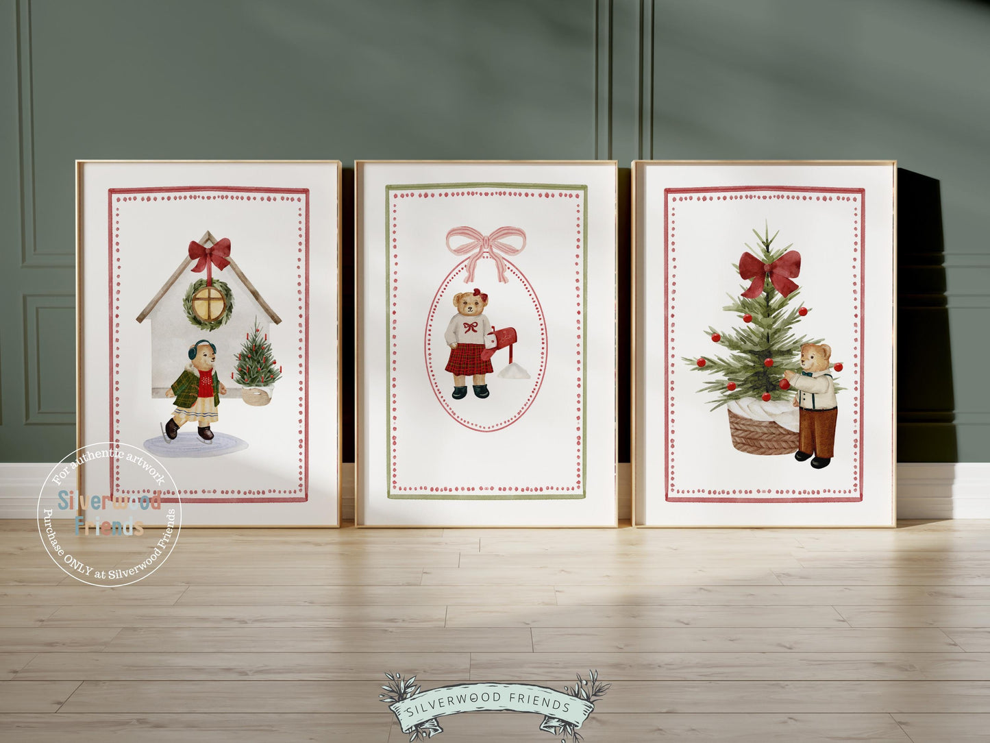 Set of 3 Christmas Holiday Prints, Kids Teddy Bear Christmas Printable Wall Art Posters, Festive Nursery Decor Digital Download Print