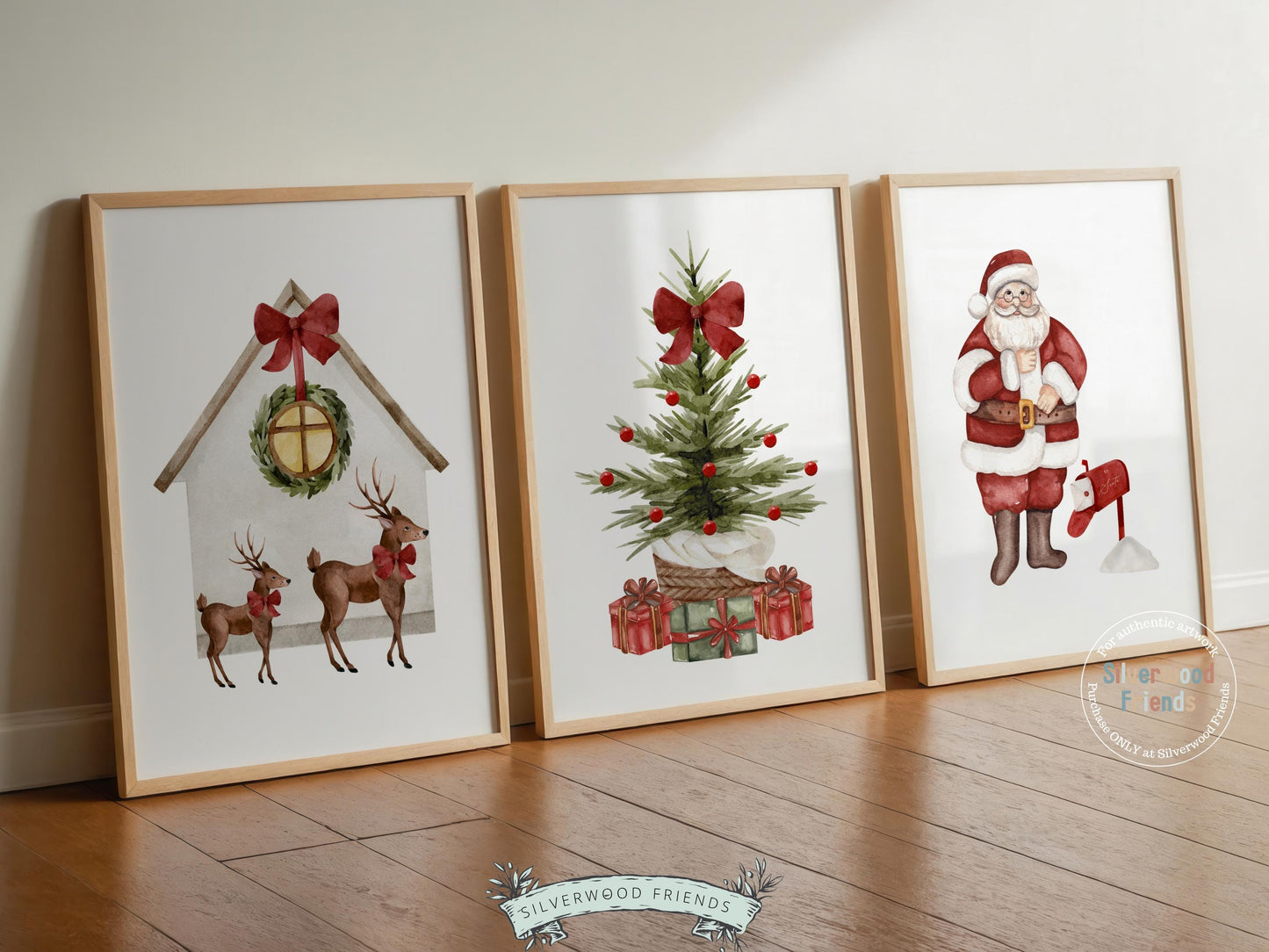 This festive Set of 3 Christmas prints features a charming watercolor Santa Claus, a beautifully decorated Christmas tree surrounded by presents, and a pair of playful reindeer. Perfect for nurseries or cozy holiday décor, this heartwarming trio captures the magic and joy of Christmas with timeless charm and cheerful vintage style.