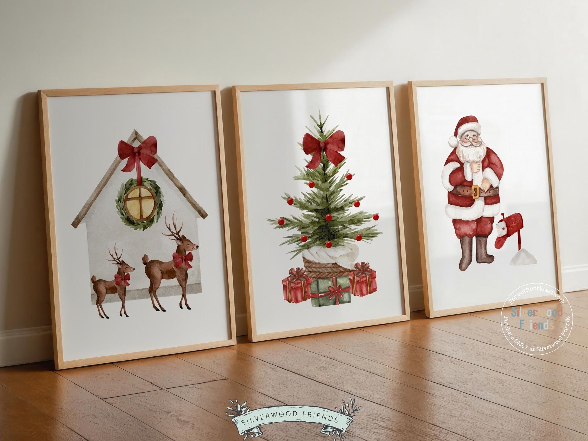 This festive Set of 3 Christmas prints features a charming watercolor Santa Claus, a beautifully decorated Christmas tree surrounded by presents, and a pair of playful reindeer. Perfect for nurseries or cozy holiday décor, this heartwarming trio captures the magic and joy of Christmas with timeless charm and cheerful vintage style.