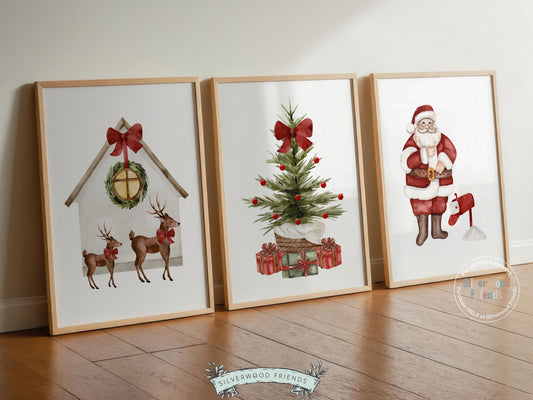 This festive Set of 3 Christmas prints features a charming watercolor Santa Claus, a beautifully decorated Christmas tree surrounded by presents, and a pair of playful reindeer. Perfect for nurseries or cozy holiday décor, this heartwarming trio captures the magic and joy of Christmas with timeless charm and cheerful vintage style.