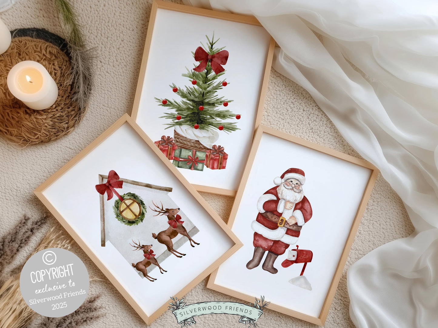 Set of 3 Christmas Prints, Kids Santa Claus Christmas Printable Wall Art Posters, Festive Nursery Decor Digital Download Print