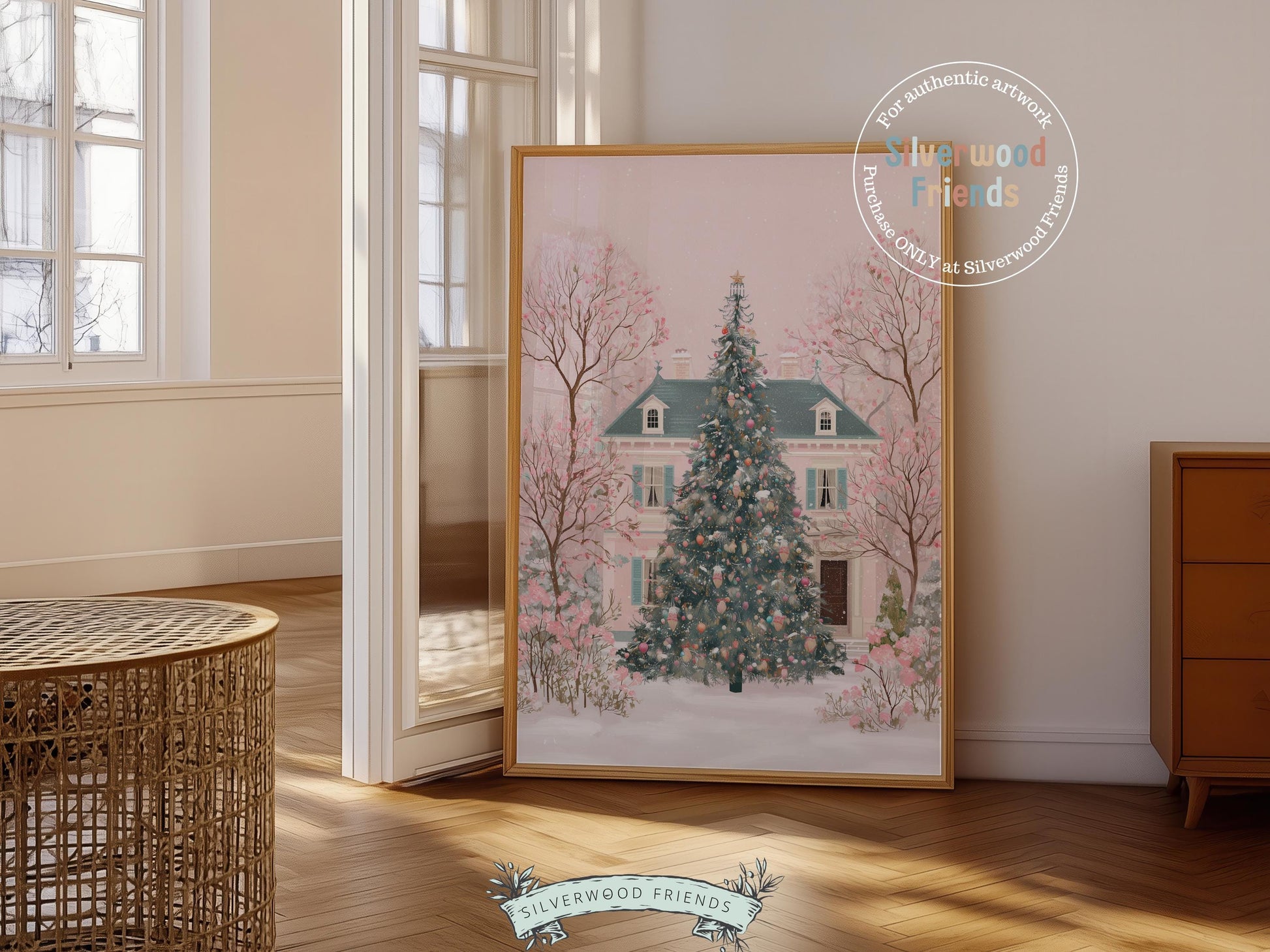 Pink Christmas Tree Print, Christmas Village Printable Wall Art, Festive Christmas Holiday Decor, Vintage Christmas Digital Print