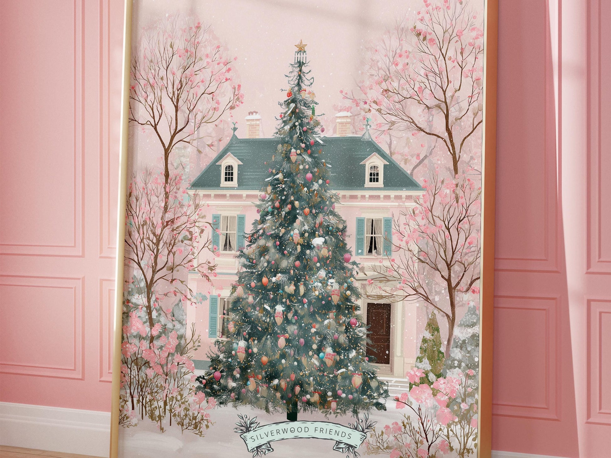Pink Christmas Tree Print, Christmas Village Printable Wall Art, Festive Christmas Holiday Decor, Vintage Christmas Digital Print