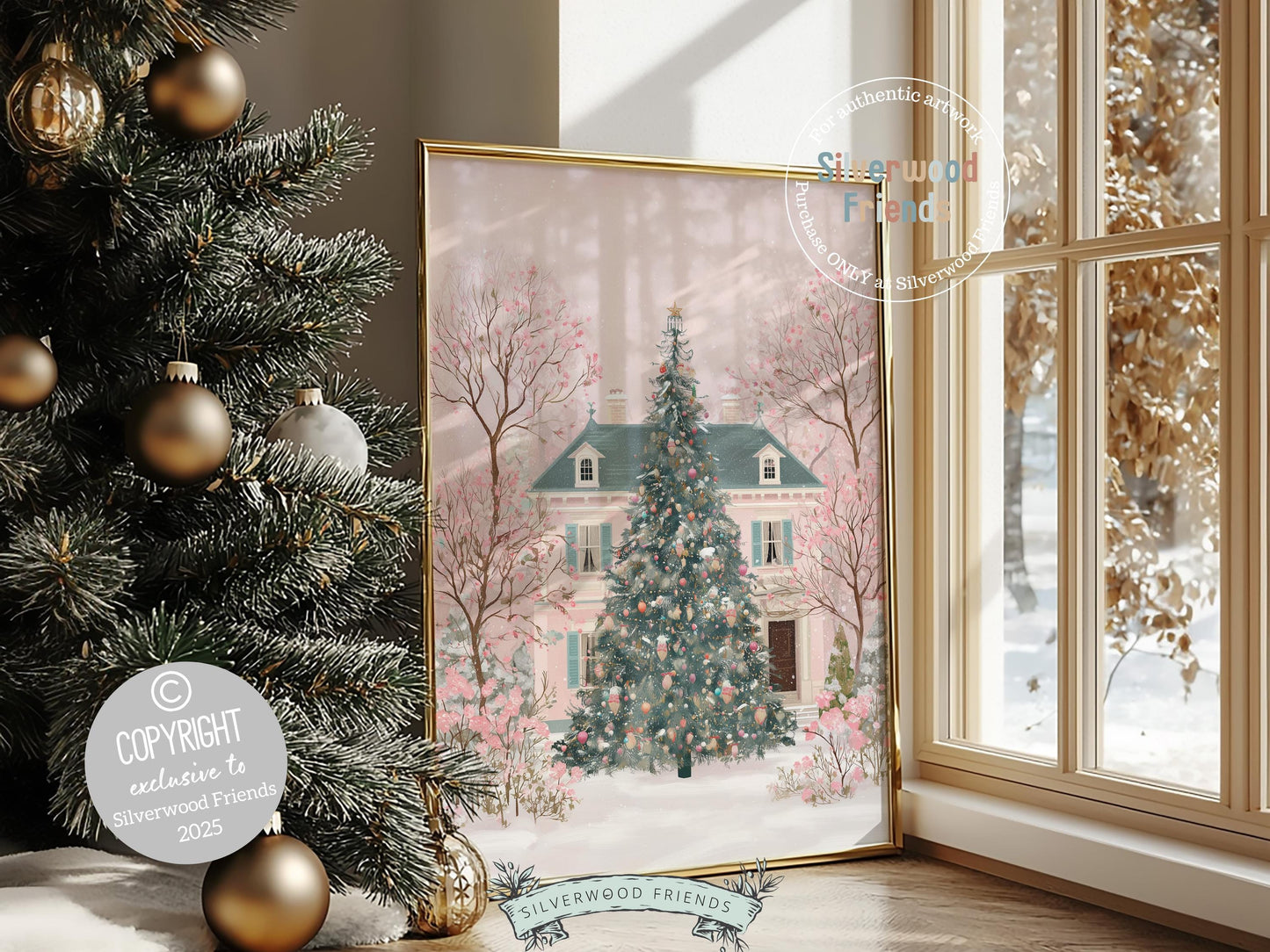 Pink Christmas Tree Print, Christmas Village Printable Wall Art, Festive Christmas Holiday Decor, Vintage Christmas Digital Print