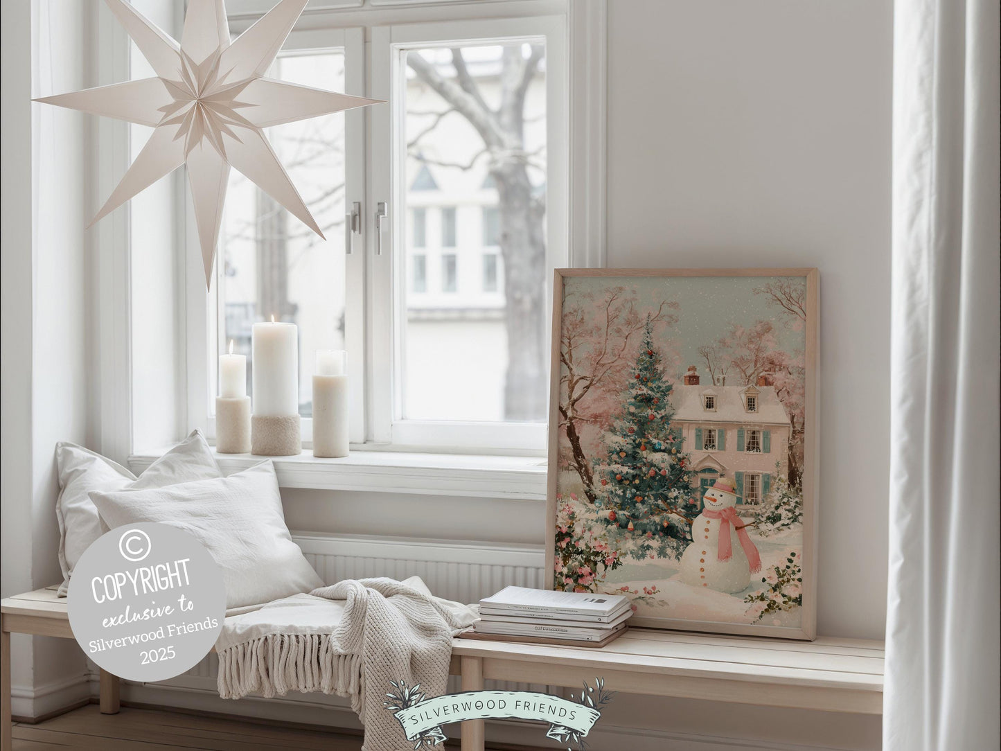 Pink and Green Snowman Print, Pastel Christmas Village Printable Wall Art, Festive Cottagecore Farmhouse Holiday Decor Digital Print