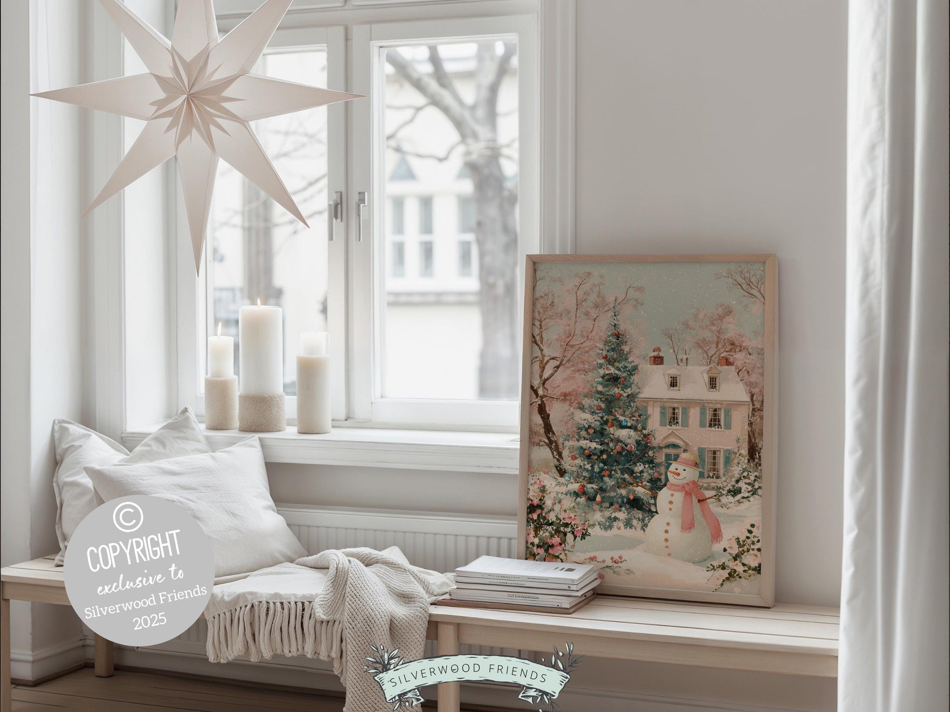 Pink and Green Snowman Print, Pastel Christmas Village Printable Wall Art, Festive Cottagecore Farmhouse Holiday Decor Digital Print