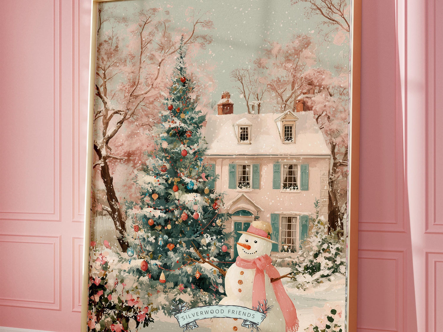 Pink and Green Snowman Print, Pastel Christmas Village Printable Wall Art, Festive Cottagecore Farmhouse Holiday Decor Digital Print