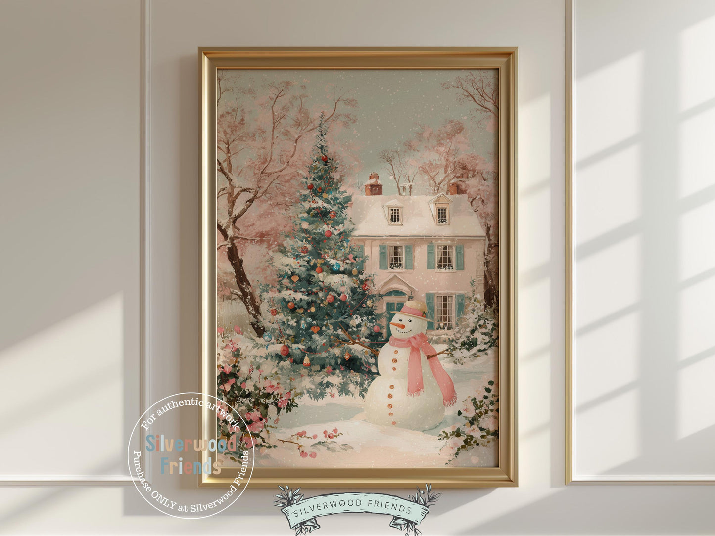 Pink and Green Snowman Print, Pastel Christmas Village Printable Wall Art, Festive Cottagecore Farmhouse Holiday Decor Digital Print