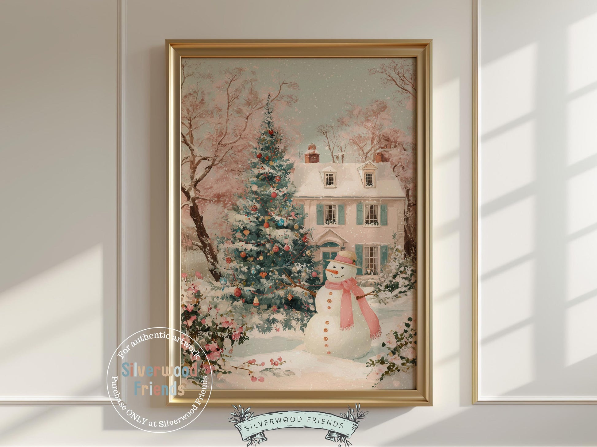 Pink and Green Snowman Print, Pastel Christmas Village Printable Wall Art, Festive Cottagecore Farmhouse Holiday Decor Digital Print