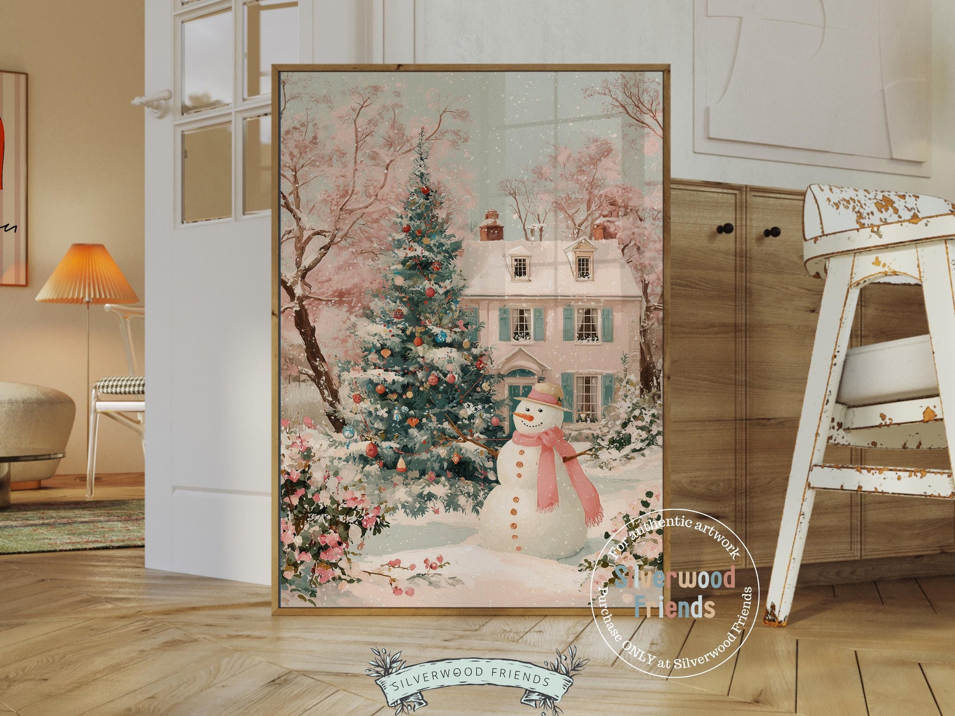 Pink and Green Snowman Print, Pastel Christmas Village Printable Wall Art, Festive Cottagecore Farmhouse Holiday Decor Digital Print