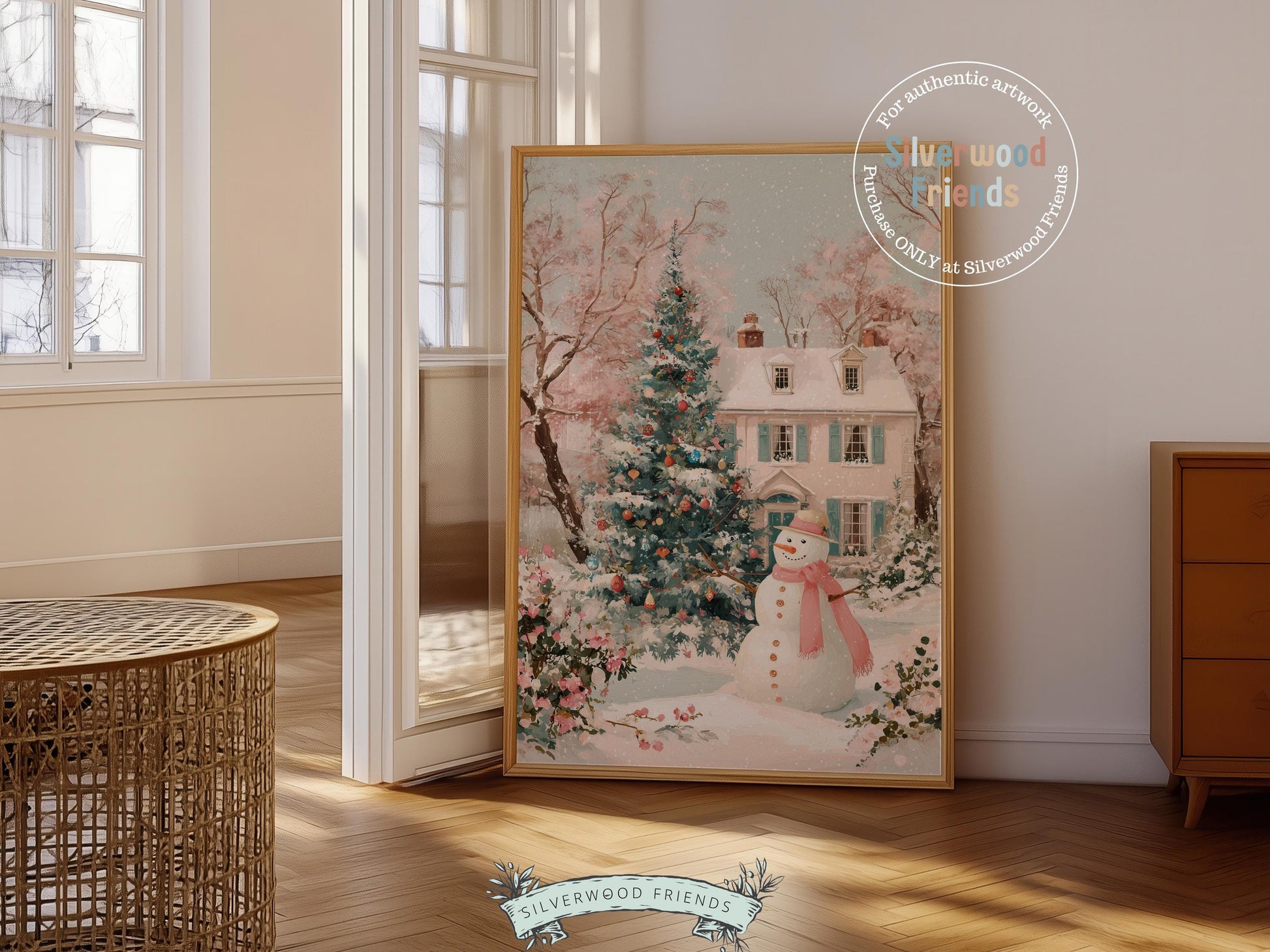 Pink and Green Snowman Print, Pastel Christmas Village Printable Wall Art, Festive Cottagecore Farmhouse Holiday Decor Digital Print