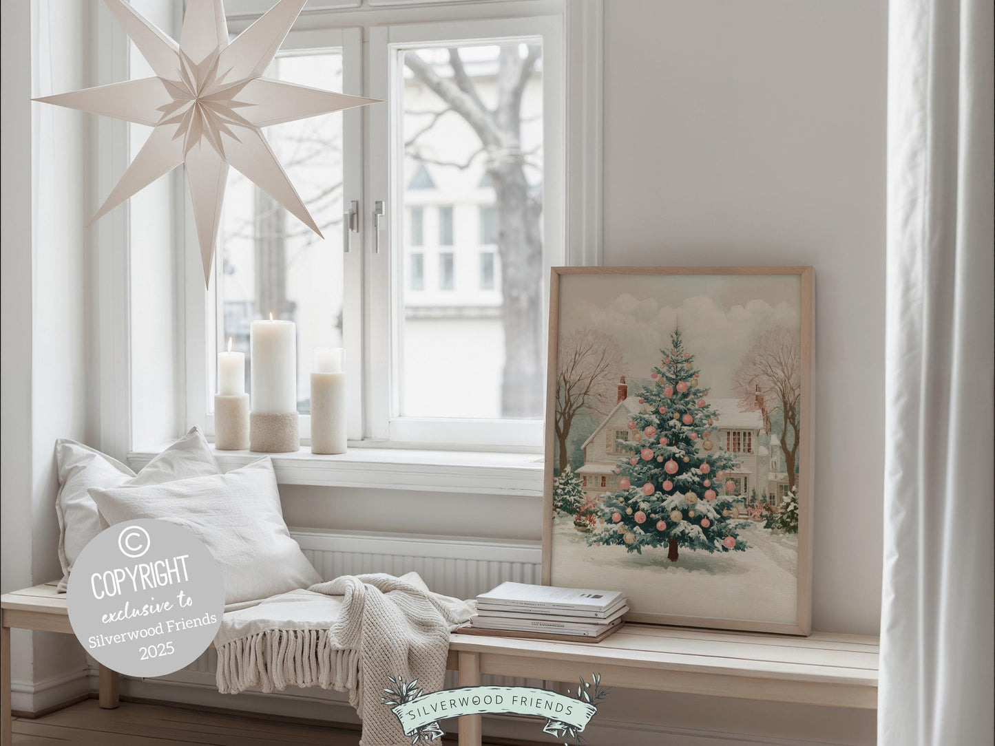 Pink and Green Christmas Tree Print, Pastel Christmas Village Printable Wall Art, Festive Cottagecore Farmhouse Holiday Decor Digital Print