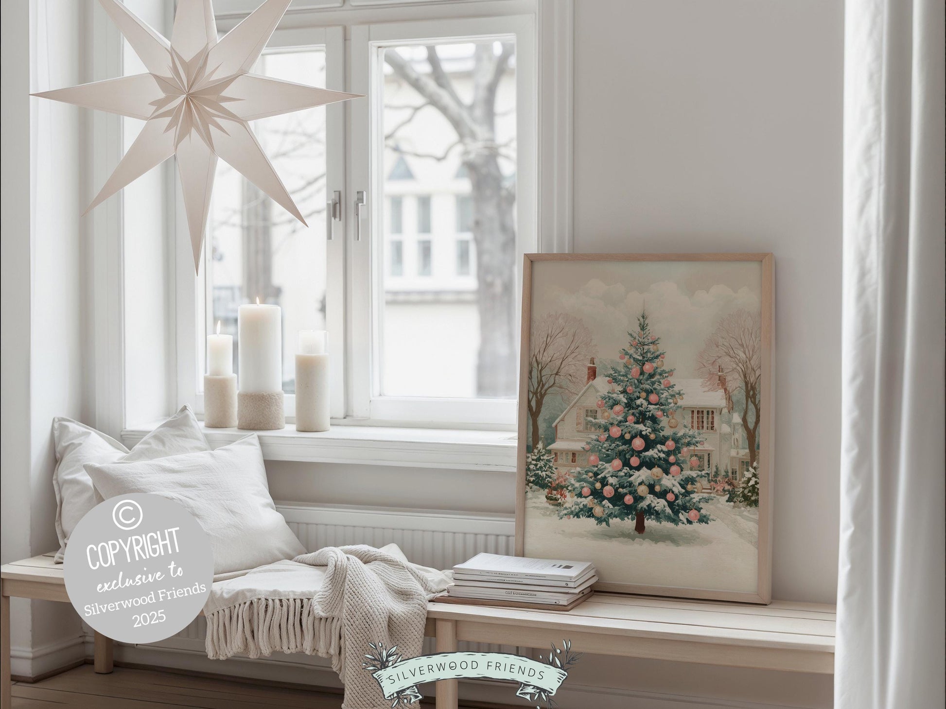 Pink and Green Christmas Tree Print, Pastel Christmas Village Printable Wall Art, Festive Cottagecore Farmhouse Holiday Decor Digital Print