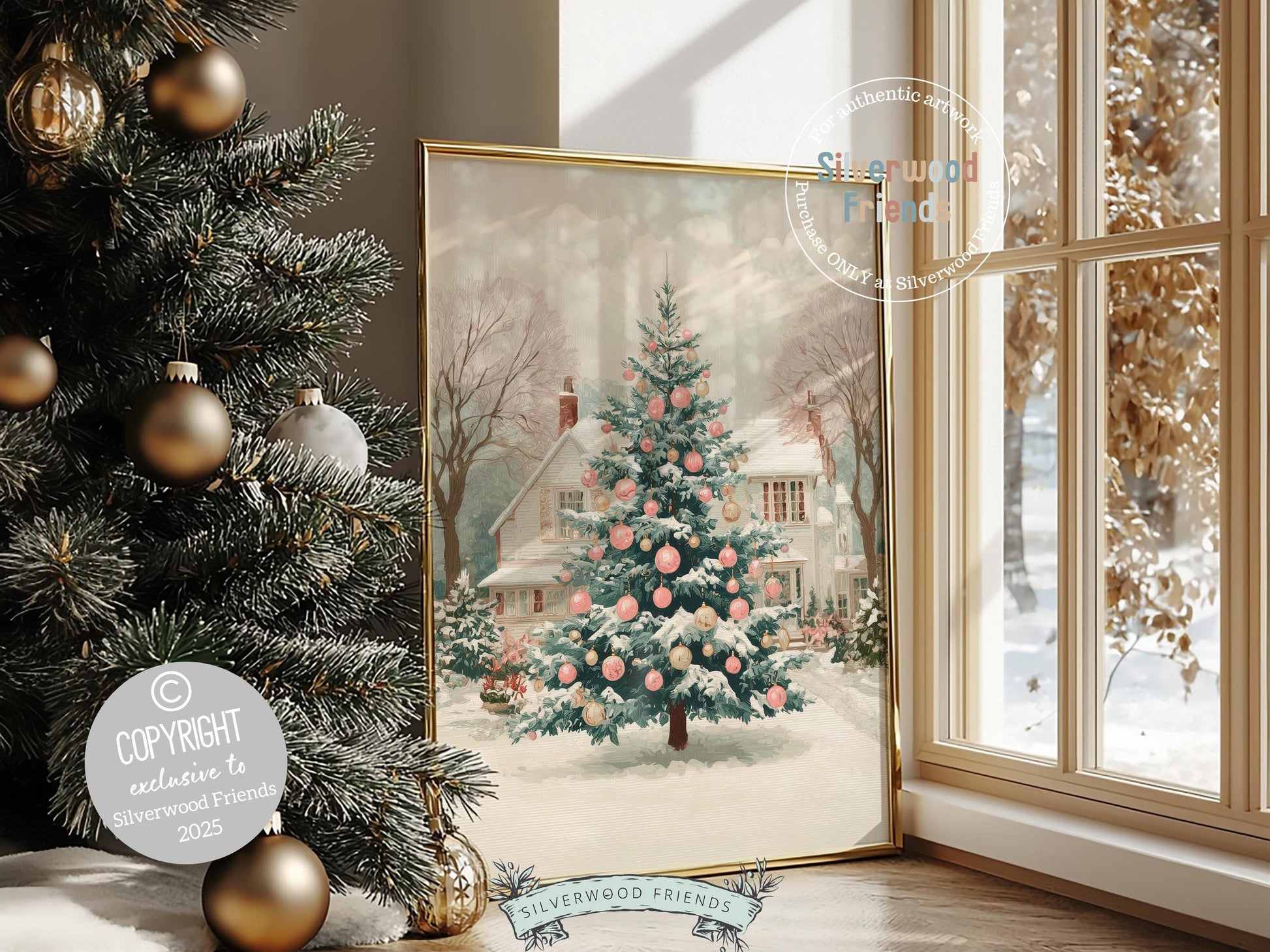 Pink and Green Christmas Tree Print, Pastel Christmas Village Printable Wall Art, Festive Cottagecore Farmhouse Holiday Decor Digital Print