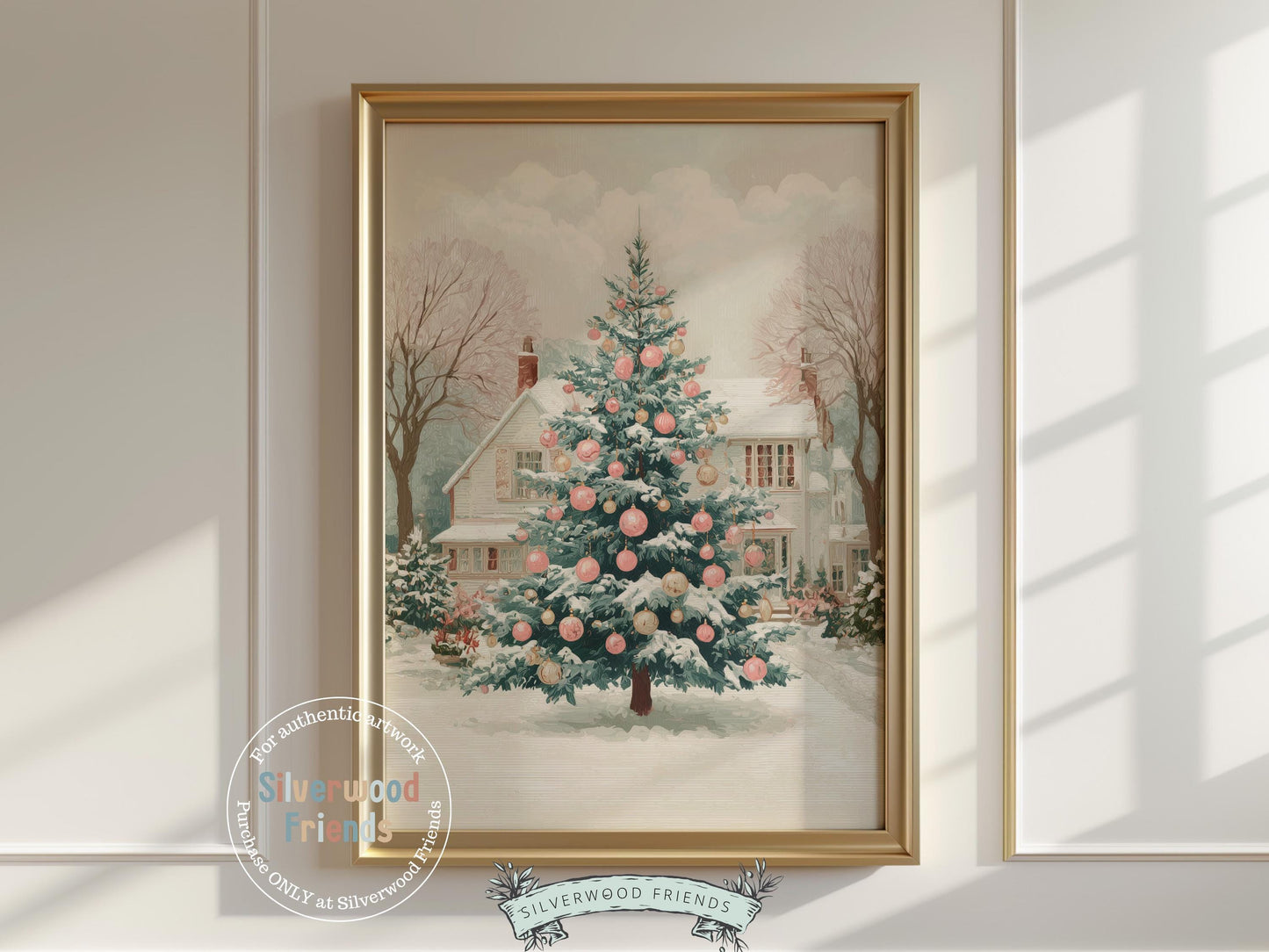 Pink and Green Christmas Tree Print, Pastel Christmas Village Printable Wall Art, Festive Cottagecore Farmhouse Holiday Decor Digital Print