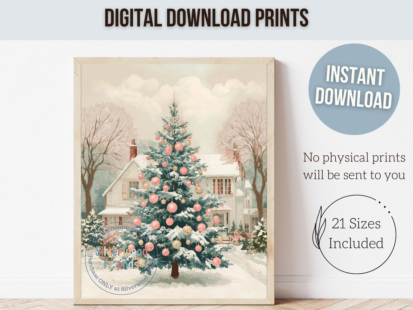 Pink and Green Christmas Tree Print, Pastel Christmas Village Printable Wall Art, Festive Cottagecore Farmhouse Holiday Decor Digital Print