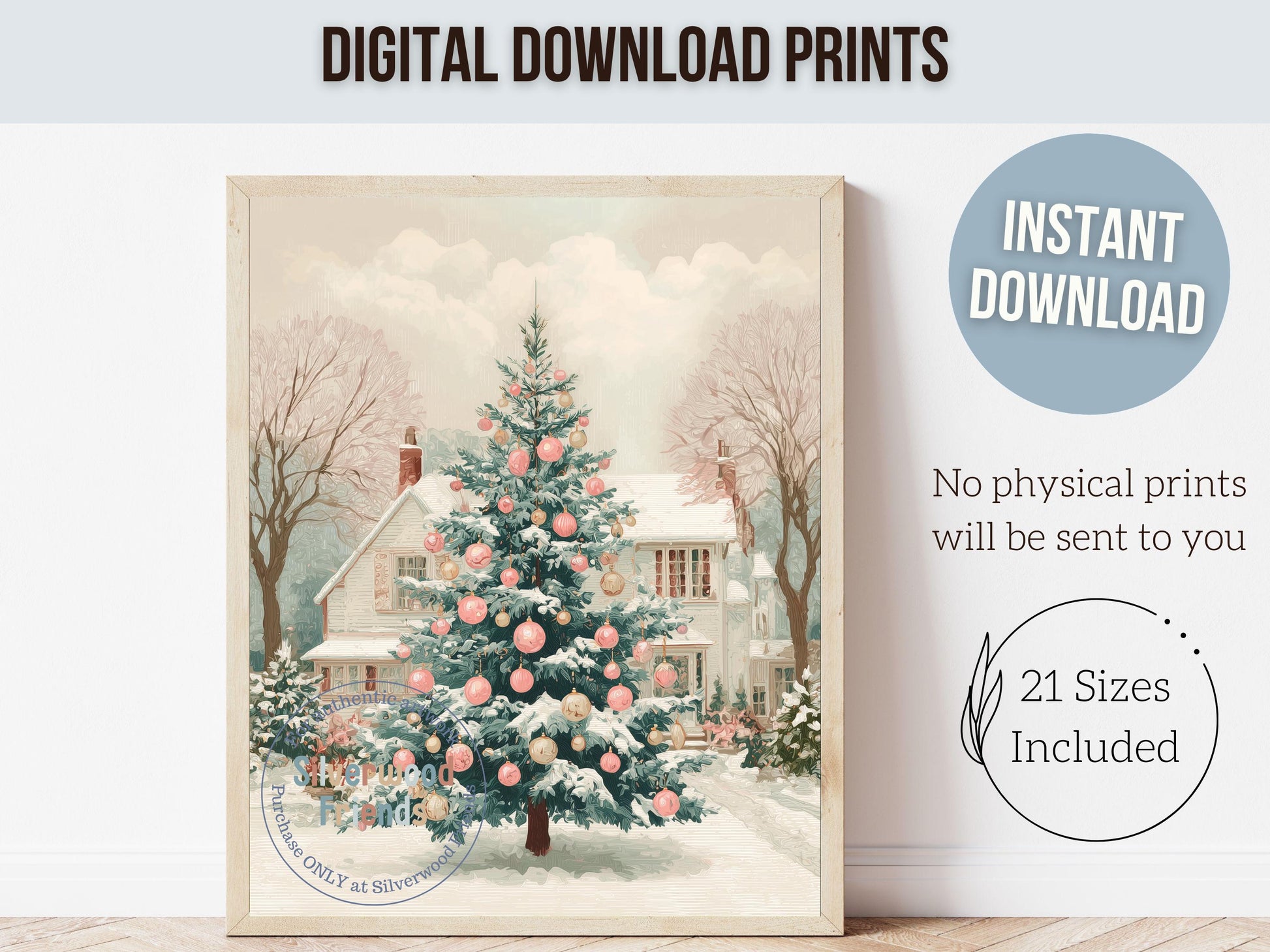 Pink and Green Christmas Tree Print, Pastel Christmas Village Printable Wall Art, Festive Cottagecore Farmhouse Holiday Decor Digital Print