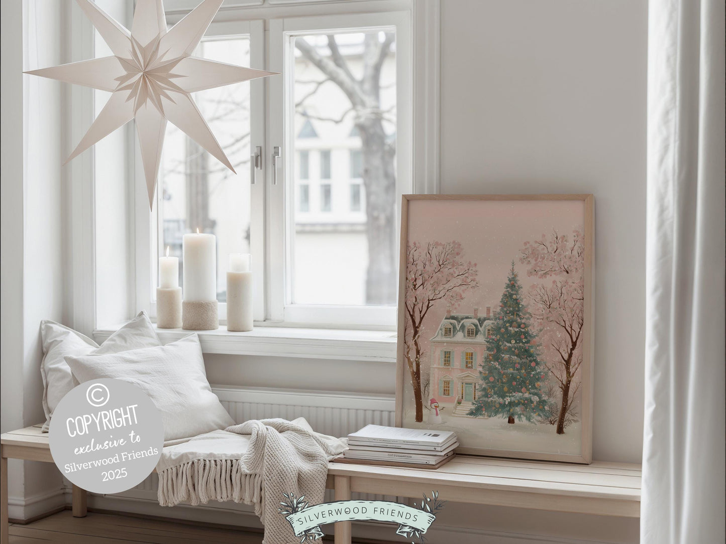 Pastel Pink Snowman Print, Christmas Village Printable Wall Art, Festive Cottagecore Farmhouse Holiday Decor Digital Print