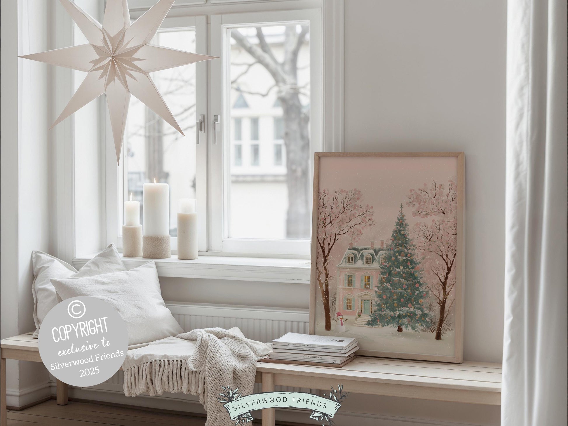 Pastel Pink Snowman Print, Christmas Village Printable Wall Art, Festive Cottagecore Farmhouse Holiday Decor Digital Print